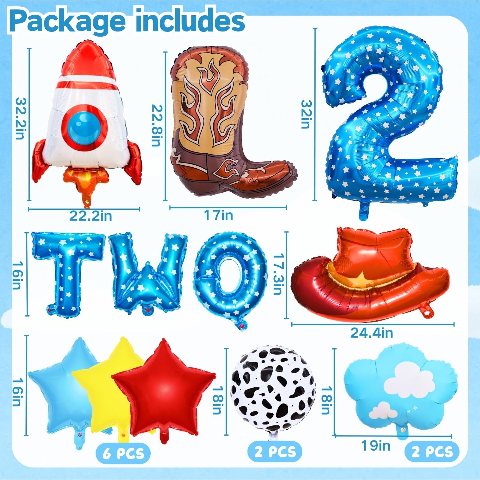 Toy Themed Story Birthday Decoration Balloon Set,Cartoon Style Birthday Rocket,Cowboy Hat,Boots,Clouds,Star Patterns, For kid Party Supply (2nd-Two