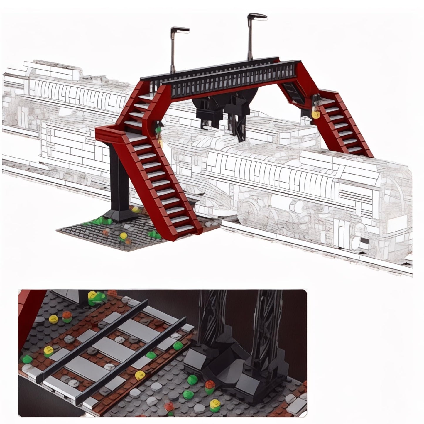 General Jim's Red Railway Crossing Modular Building Block Bricks Set, Contains 655 Brick Pieces, Base Plates Included, for Adults, Teens and Train