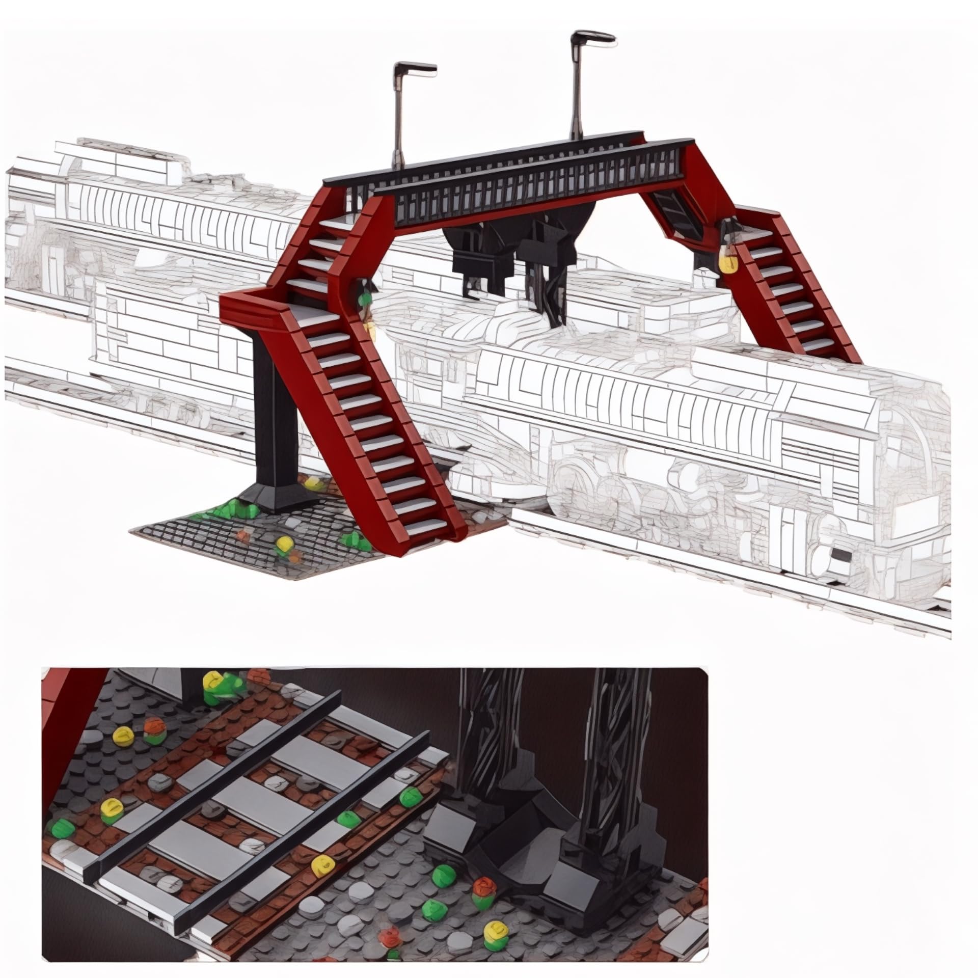 General Jim's Red Railway Crossing Modular Building Block Bricks Set, Contains 655 Brick Pieces, Base Plates Included, for Adults, Teens and Train