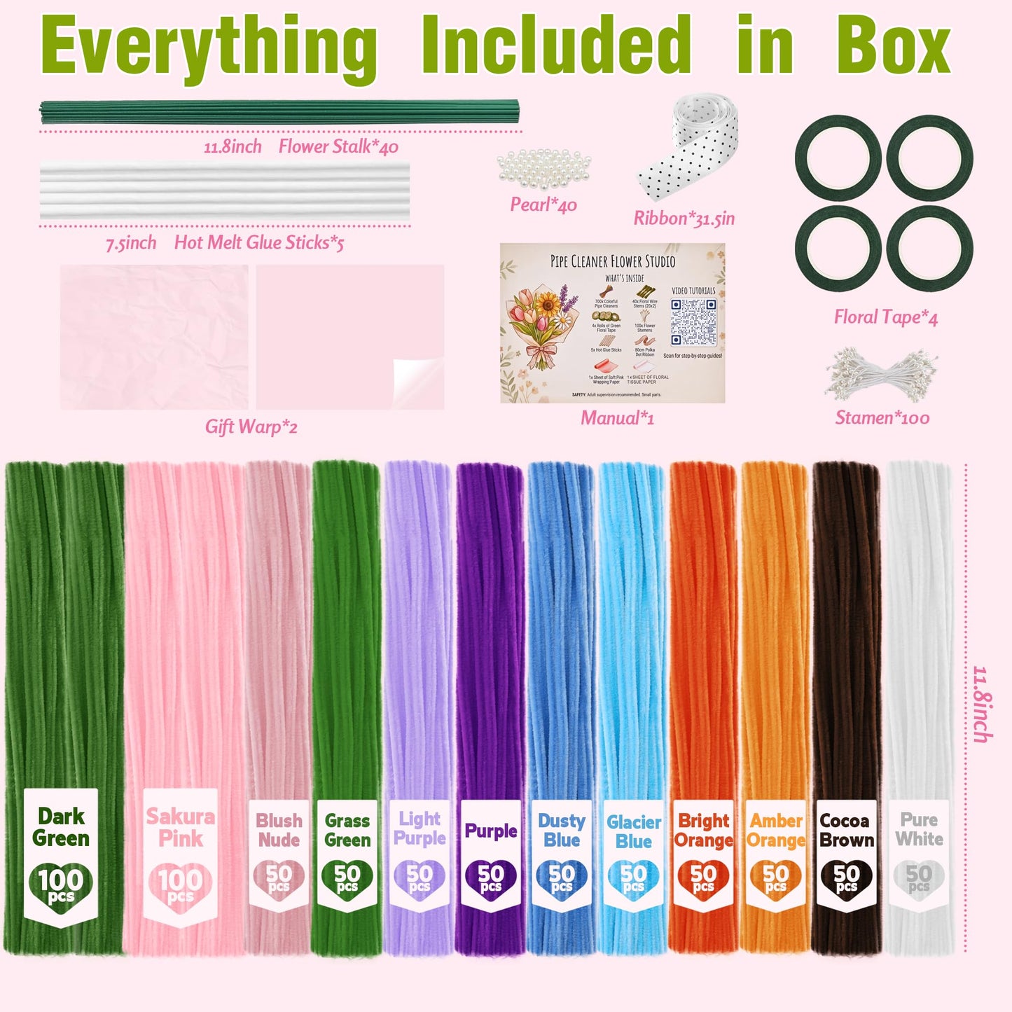 800 PCS Pipe Cleaner Flower Kit, 12 Colors Chenille Stems Craft Kit with Floral Stems, Tape, Stamens, Ribbons, Manual - Make DIY Flowers