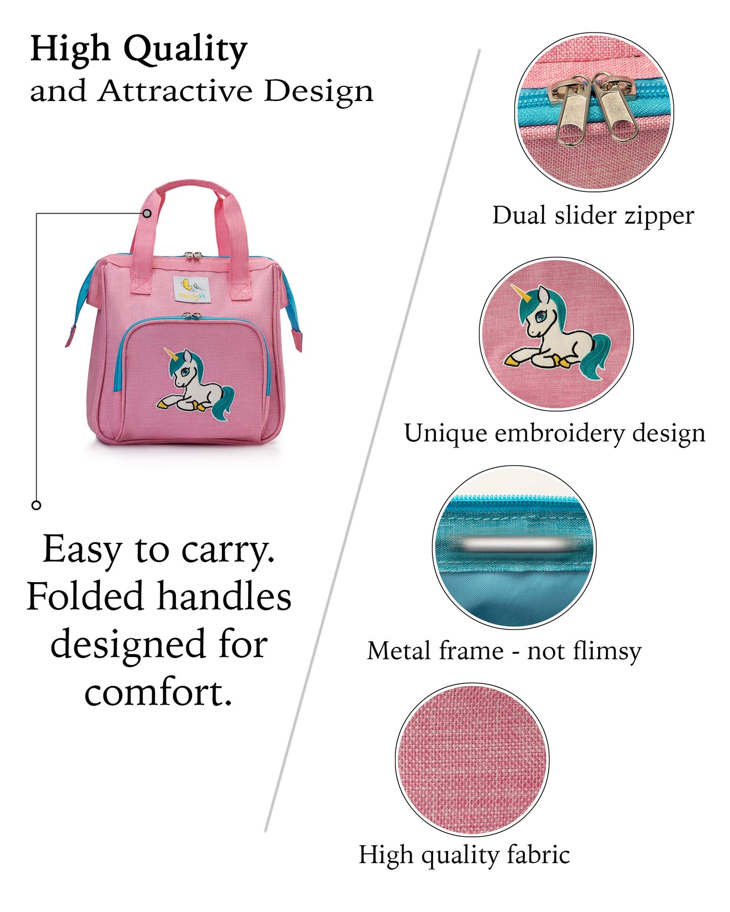 HappyVk- Pink Toy Baby Doll Diaper Bag with Changing Pad - Unicorn Embroidery - Realistic, Spacious & Comfortably Designed for Pretend Play Doll Care