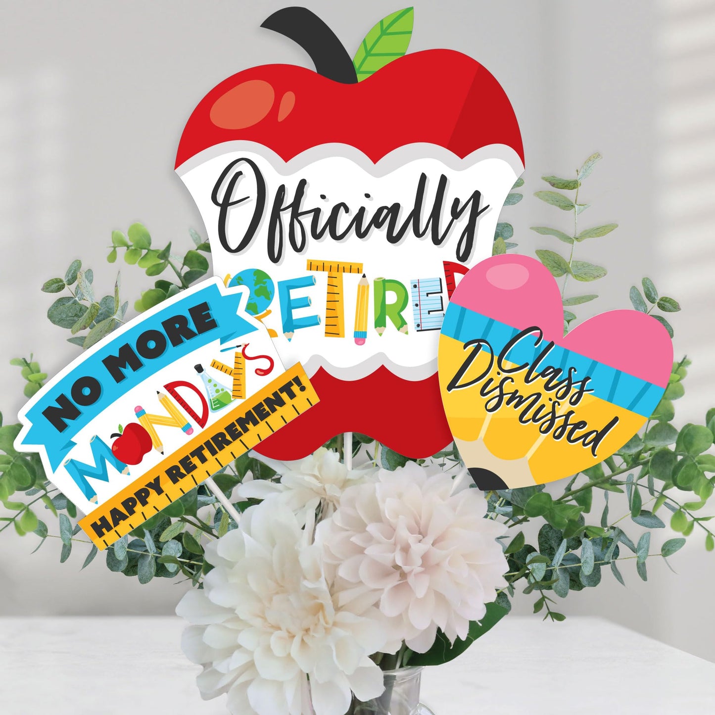 Big Dot of Happiness Teacher Retirement Party Centerpiece Decorations - 15-Piece Table Topper Set with Apple, Heart, No More Mondays Designs