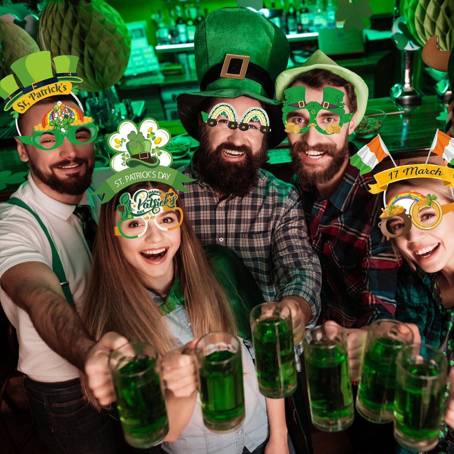 Openfly 12Pcs St. Patrick's Day Headbands and Glasses St. Patrick's Day Party Supplies Green Shamrock Clover Headband St. Patricks Day Glasses for St