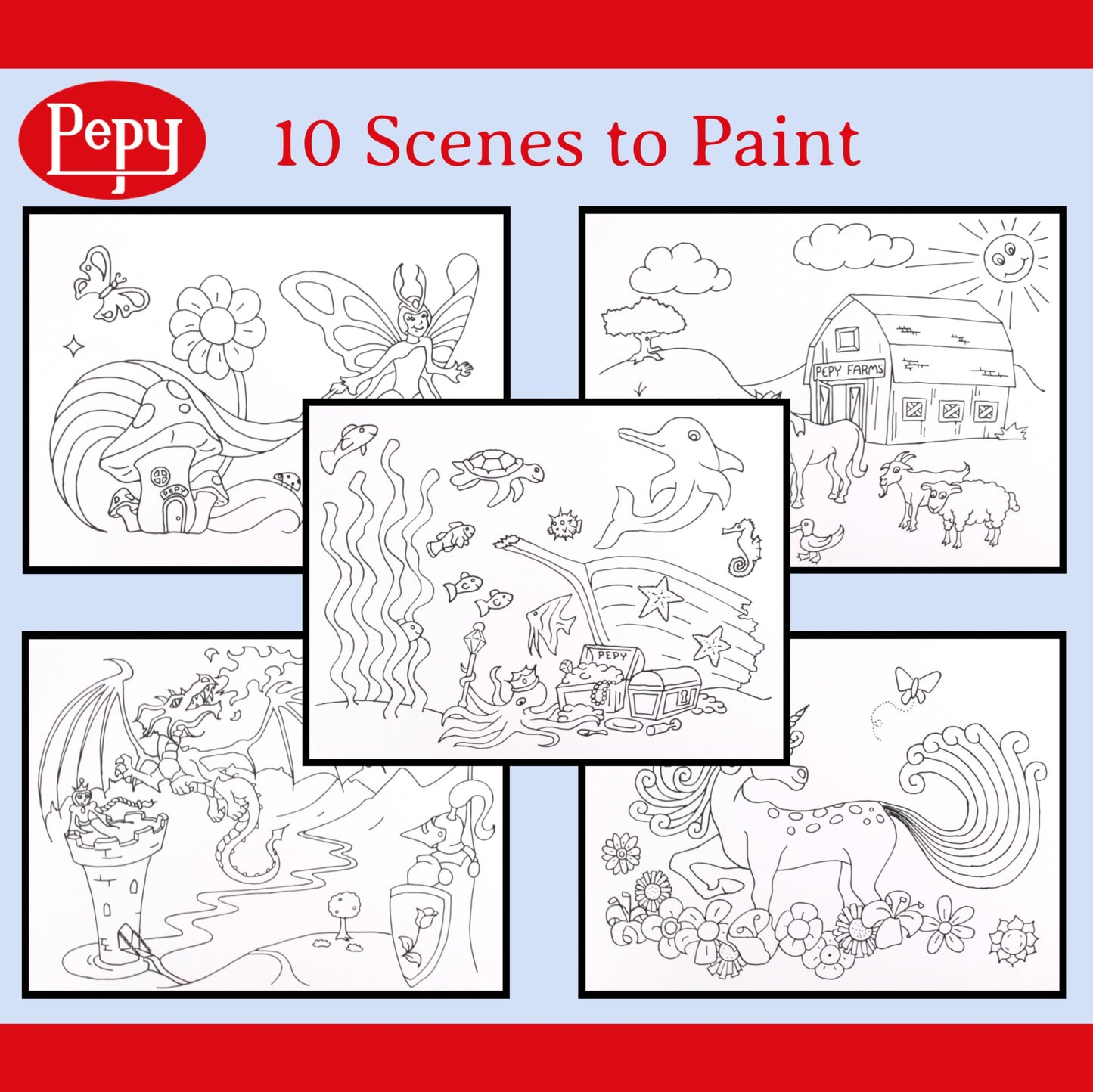 Pepy Watercolor Coloring Book 20 Sheets Total with 10 Plain and 10 Pre-Printed Design Sheets; 9 inches by 12 inches