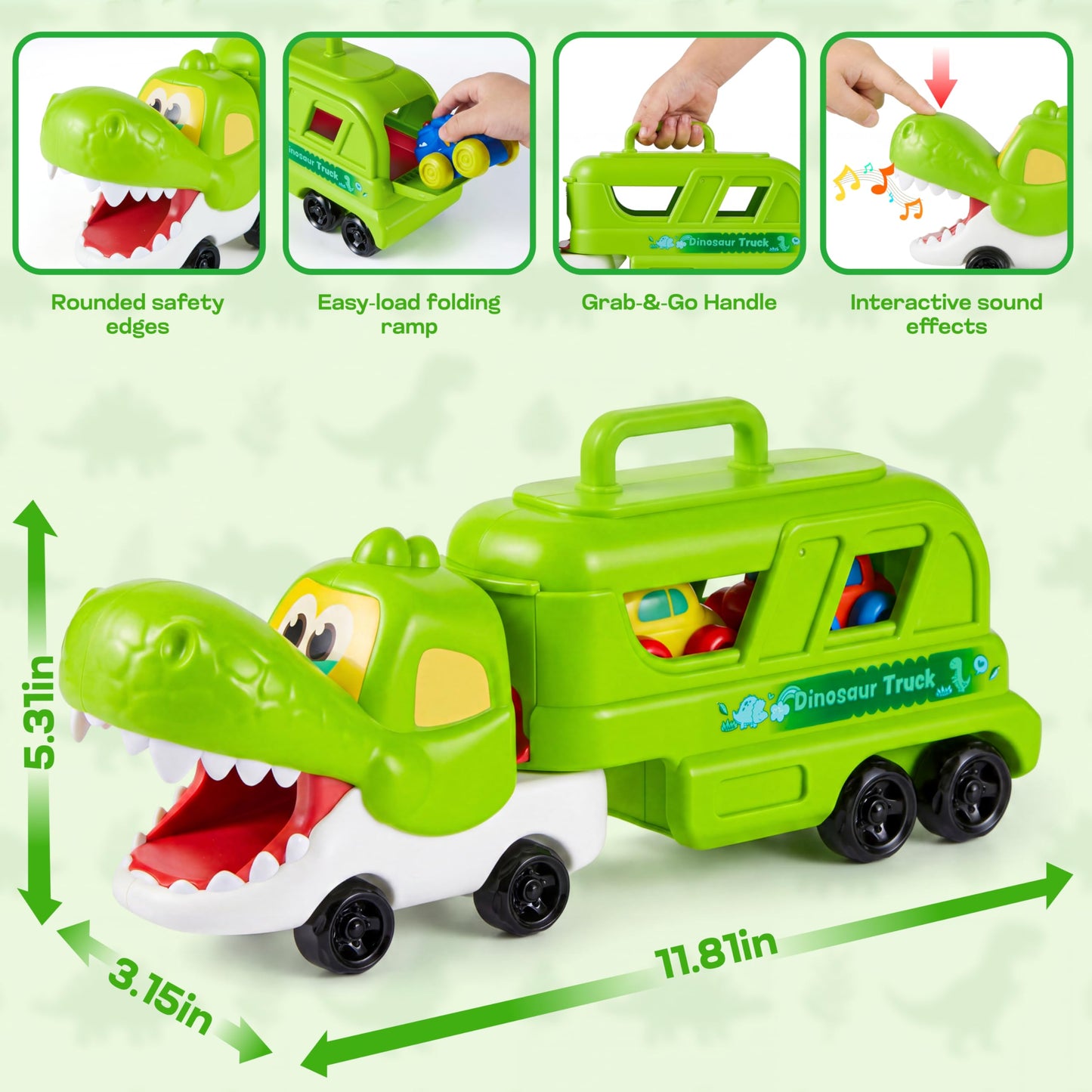 JOYIN Dinosaur Toys for Kids 18M+, Dinosaur Carrier Truck with 3 Rubber Car Vehicles Internal Slide Rails, Todder Toys with Music & Lights Birthday
