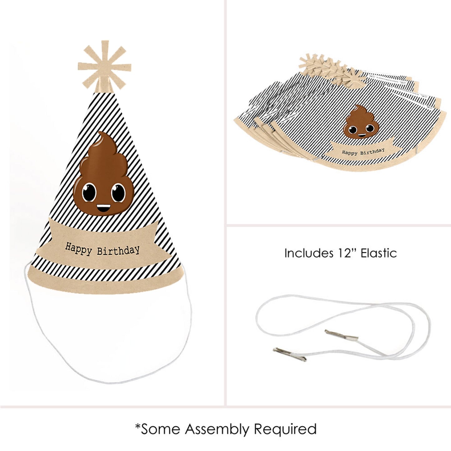 Big Dot of Happiness Party 'Til You're Pooped - Cone Poop Emoji Happy Birthday Party Hats for Kids and Adults - Set of 8 (Standard Size)