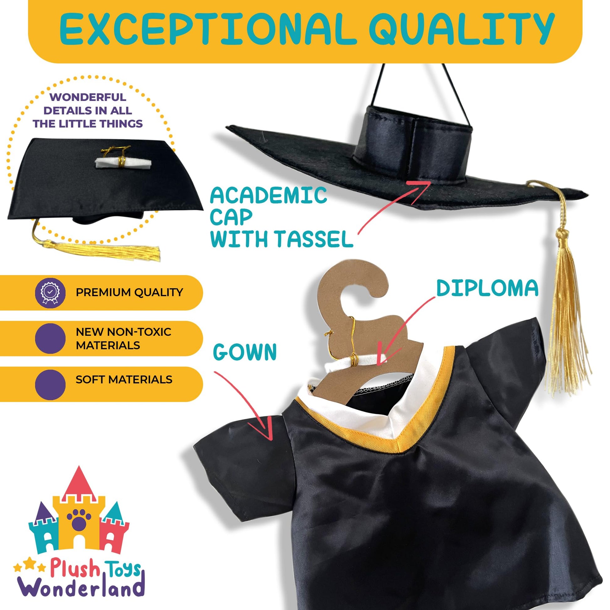 Stuffed Animals Graduation Gown & Cap Outfit for Your Teddy Friend Fits Most 14"-18" Stuffed Soft Toys!