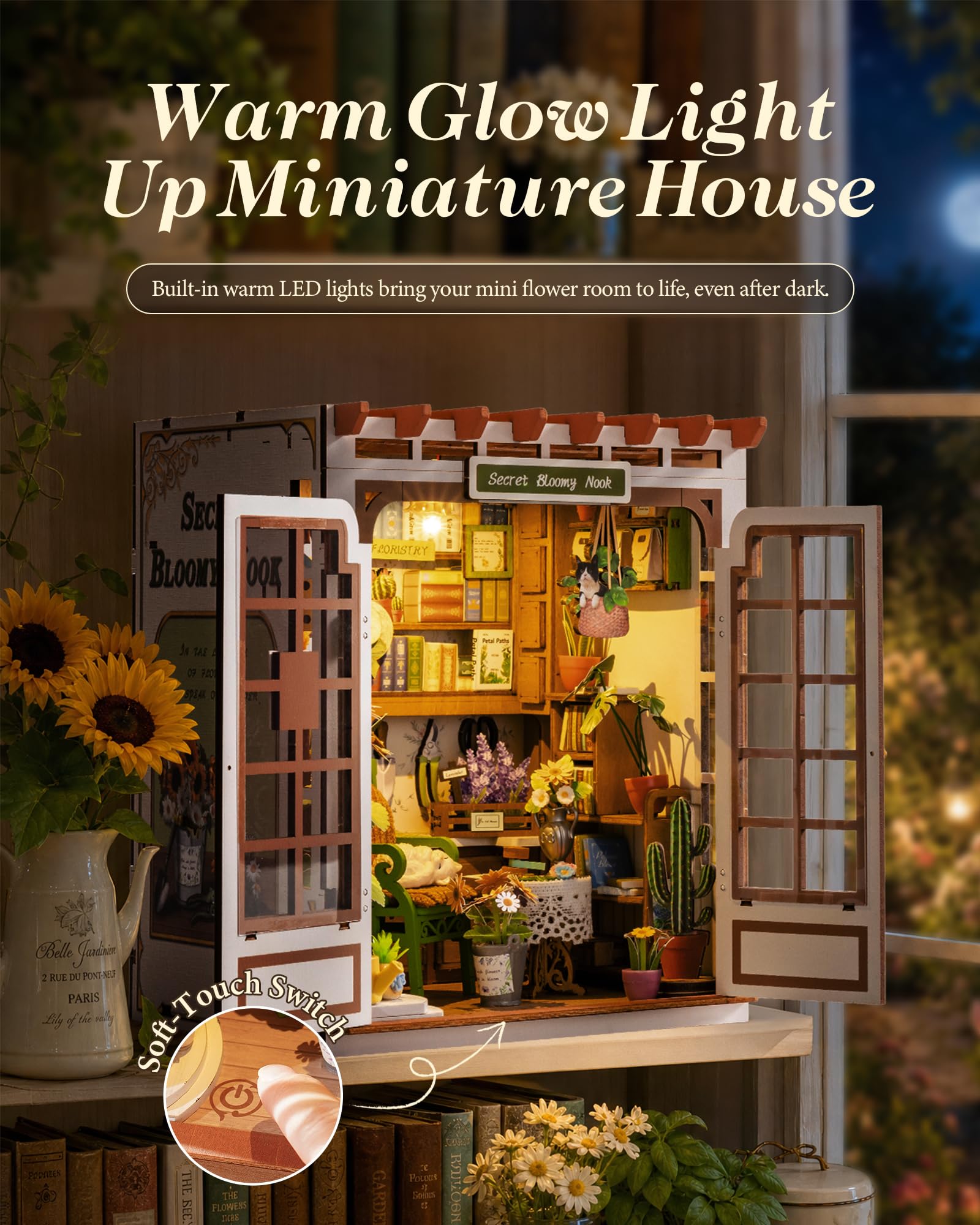 ROBOTIME DIY Miniature House-Secret Bloomy Nook, Greenhouse Miniature House Kits for Adults, Flowers Plants Garden Book Nook Kit with LED Bookshelf