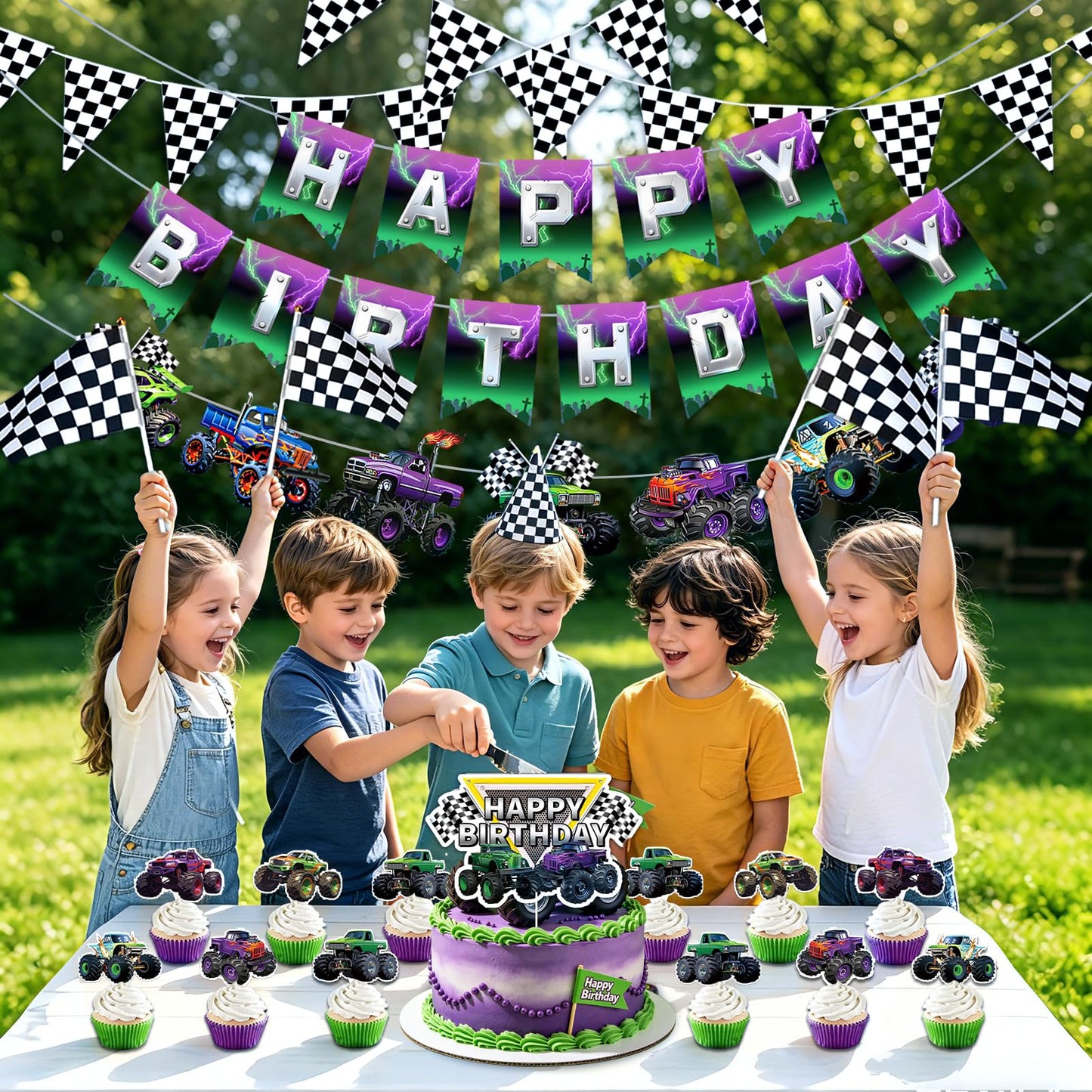 20 Pcs Monster Truck Birthday Decorations, Monster Truck Party Banner Set, Cars Truck Garland Black and White Checkered Flags Pennants Cake Topper