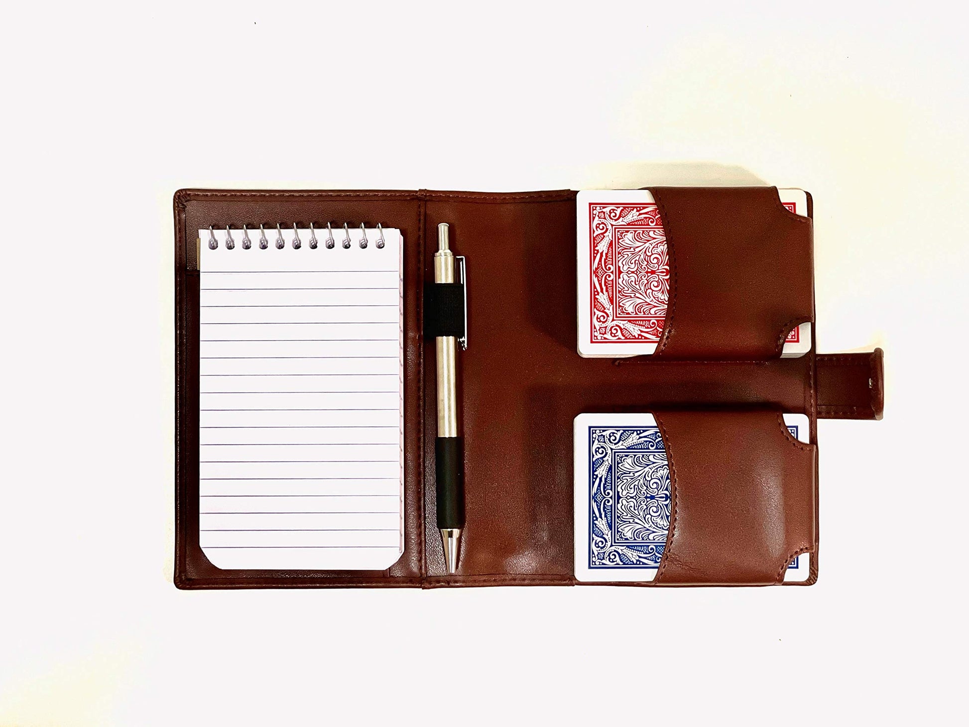 Hebronite Playing Card Case - Fits Two Decks - Vegan Leather - Space for Pen and Notepad - Poker Case (Brown)