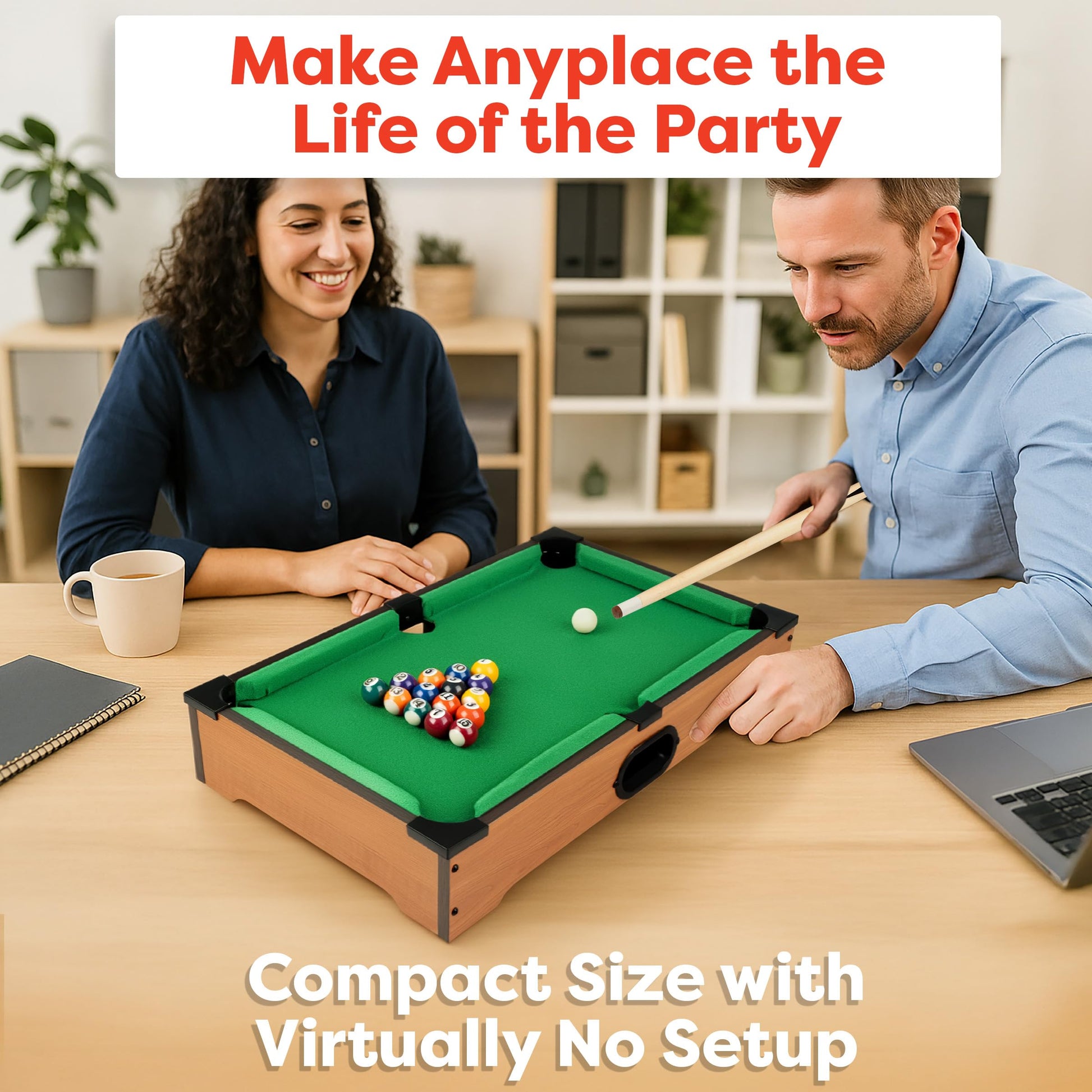Mini Pool Table - 20-Inch Portable Tabletop Billiards Game with Cue Balls, Sticks, Chalk, Brush, and Triangle Rack - Table Games by Hey Play