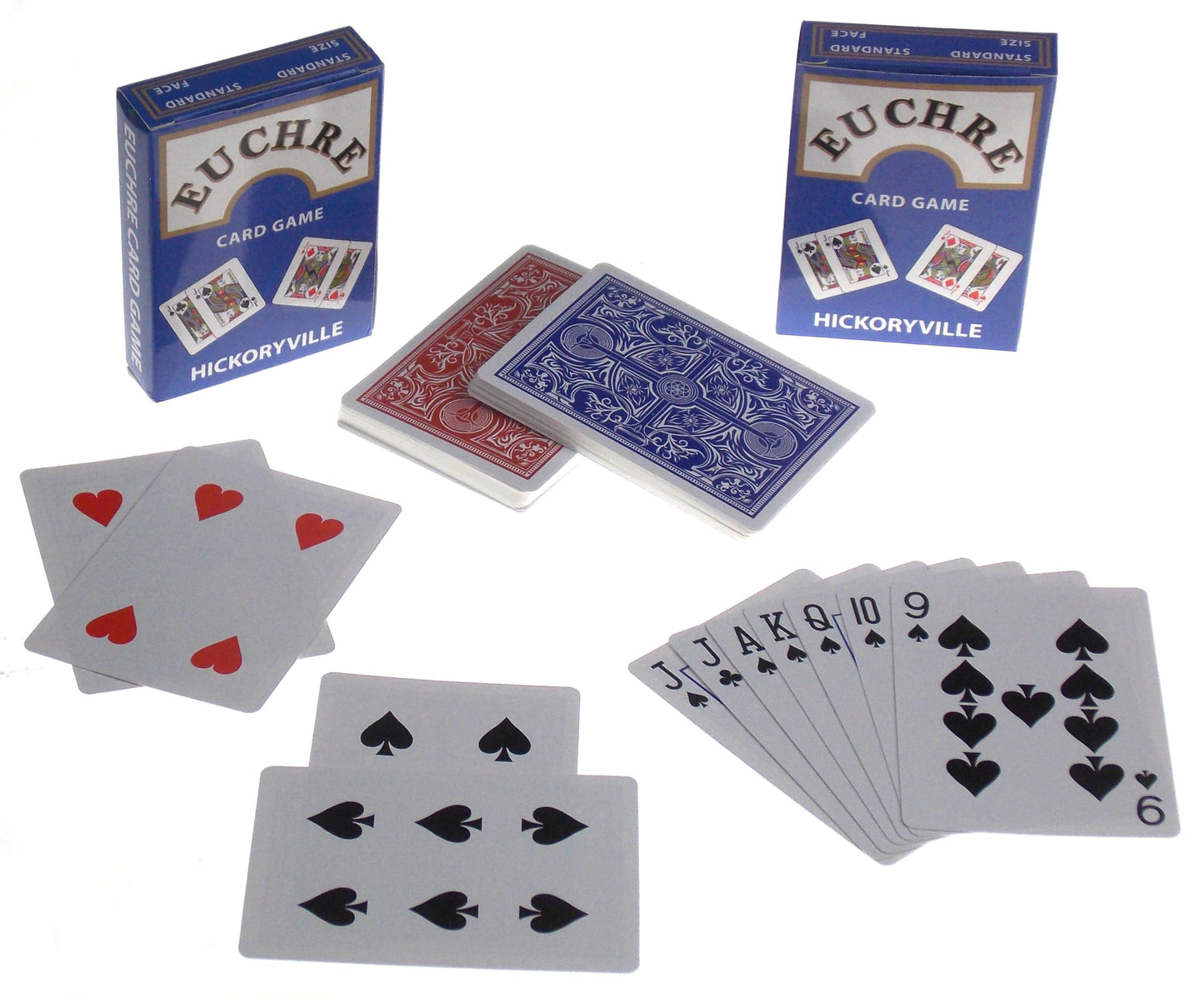 Hickoryville Euchre Card Game Set | 8 Pre-Stripped Decks (9-Ace) with Blank Counter Cards | 4 Red & 4 Blue Decks | Classic Euchre Playing Cards