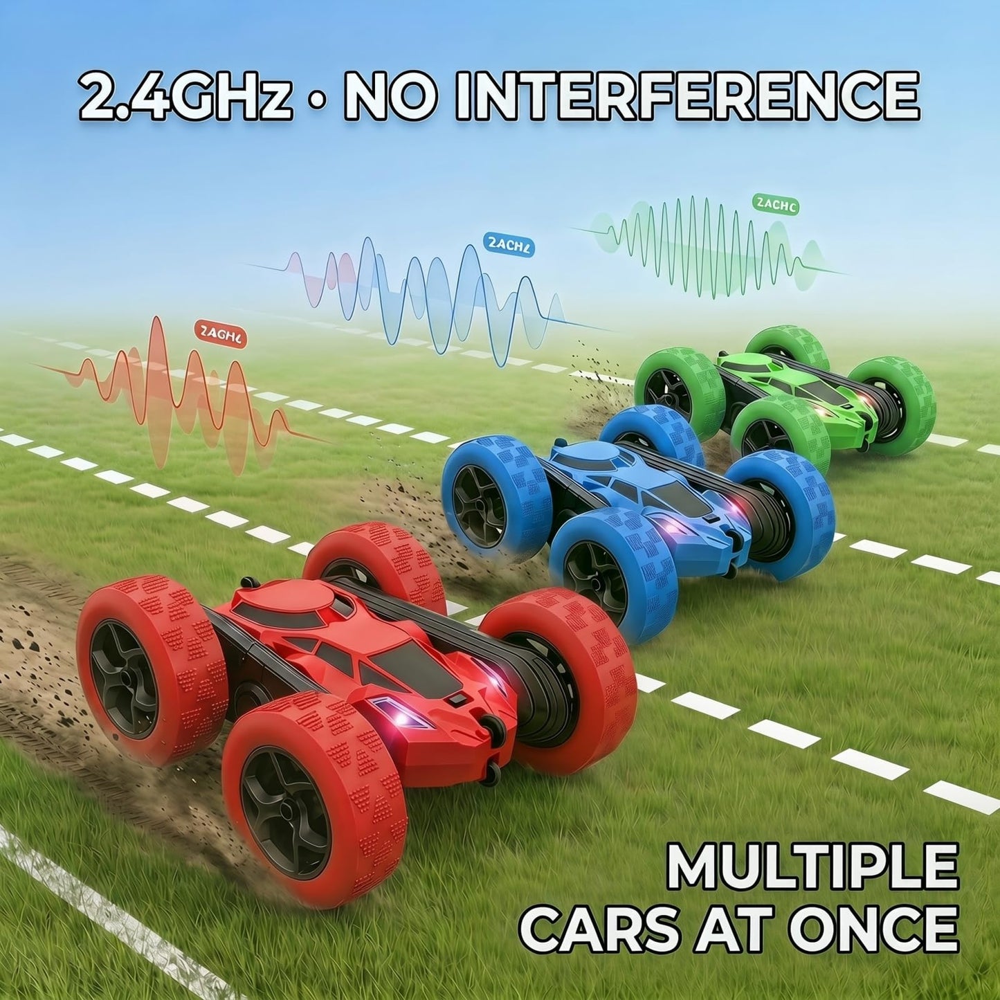 BSHSM RC Car 2.4GHz 360° Spin Off-Road Stunt Vehicle with 2 Rechargeable Batteries + USB Charging Cable, Full Terrain Remote Control Truck for Kids