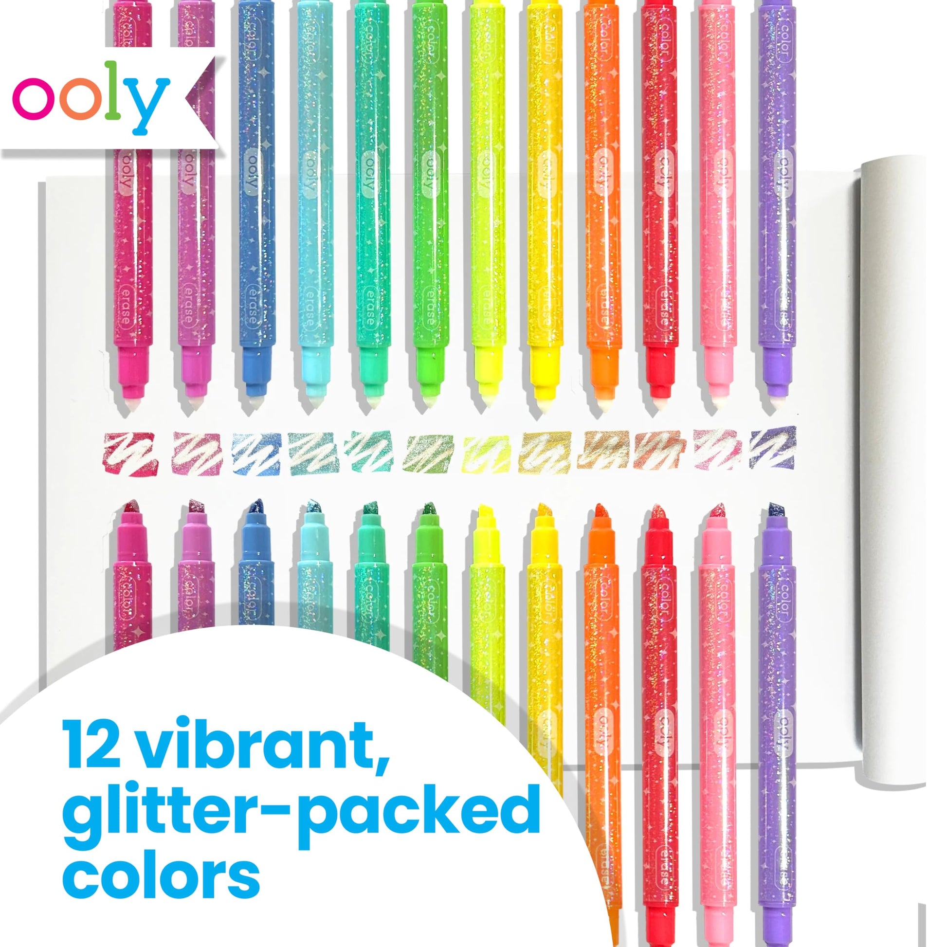 Ooly Make No Mistake Glittery Erasable Markers, 12 Stress and Mess Free Sparkle Markers You Can Erase, Colorful Supplies for Any Arts & Crafts