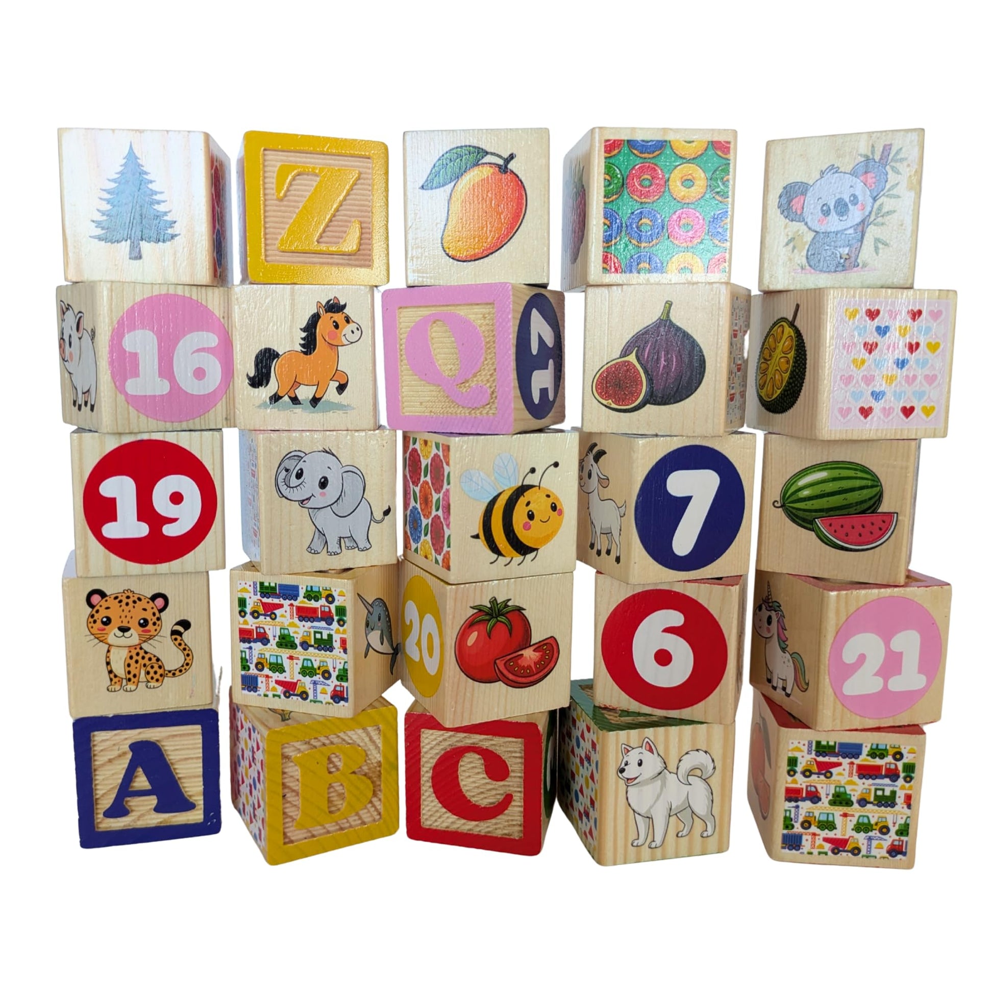 Tot Dojo ABC-123 Pine Wood Educational Blocks Set, 26 Pieces - Alphabet, Numbers, Animals, Fruits & Patterns for Toddlers
