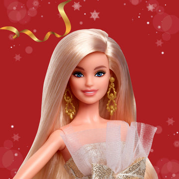 Barbie Holiday Barbie Blonde Signature BLACK Dress-up Doll & House, Pretend Play, For Ages 6 and Up, Gold JBH95