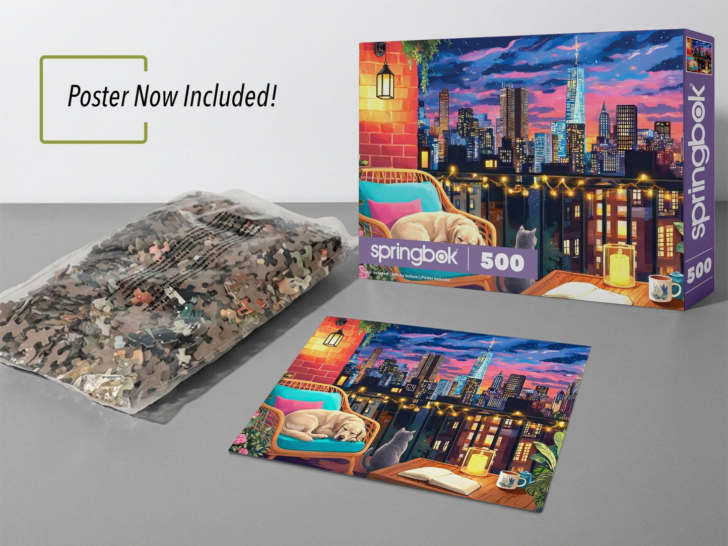 Springbok Cozy Nights & City Lights 500 Piece Jigsaw Puzzle for Adults - Cozy Rooftop Cityscape - Poster Included - Unique Cut Pieces - Made in USA