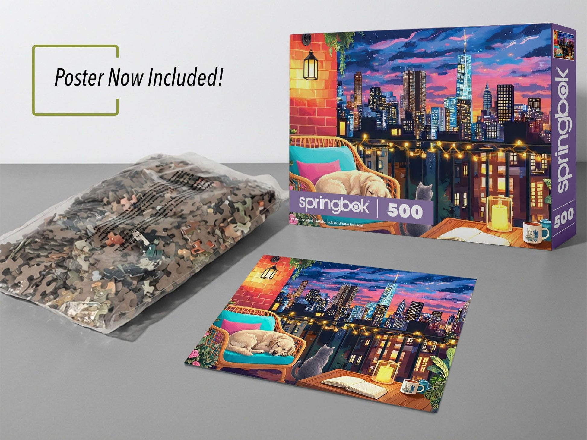 Springbok Cozy Nights & City Lights 500 Piece Jigsaw Puzzle for Adults - Cozy Rooftop Cityscape - Poster Included - Unique Cut Pieces - Made in USA
