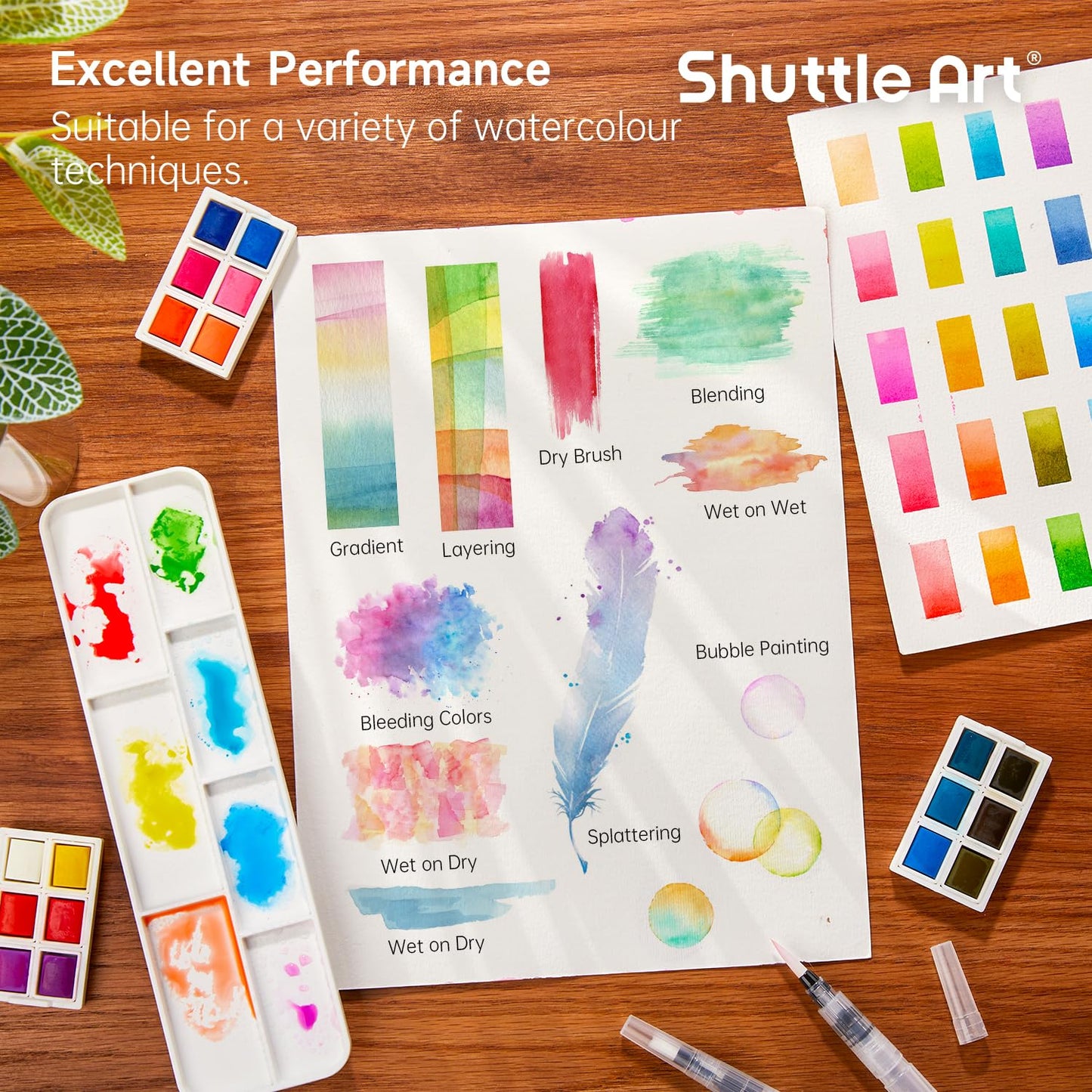 Watercolor Paint Set, Shuttle Art 48 Colors Watercolor Paint in Half Pans with 2 Water Brush Pens, 10 Paint Brushes, 1 Watercolor Pad, 1 Palette, 2