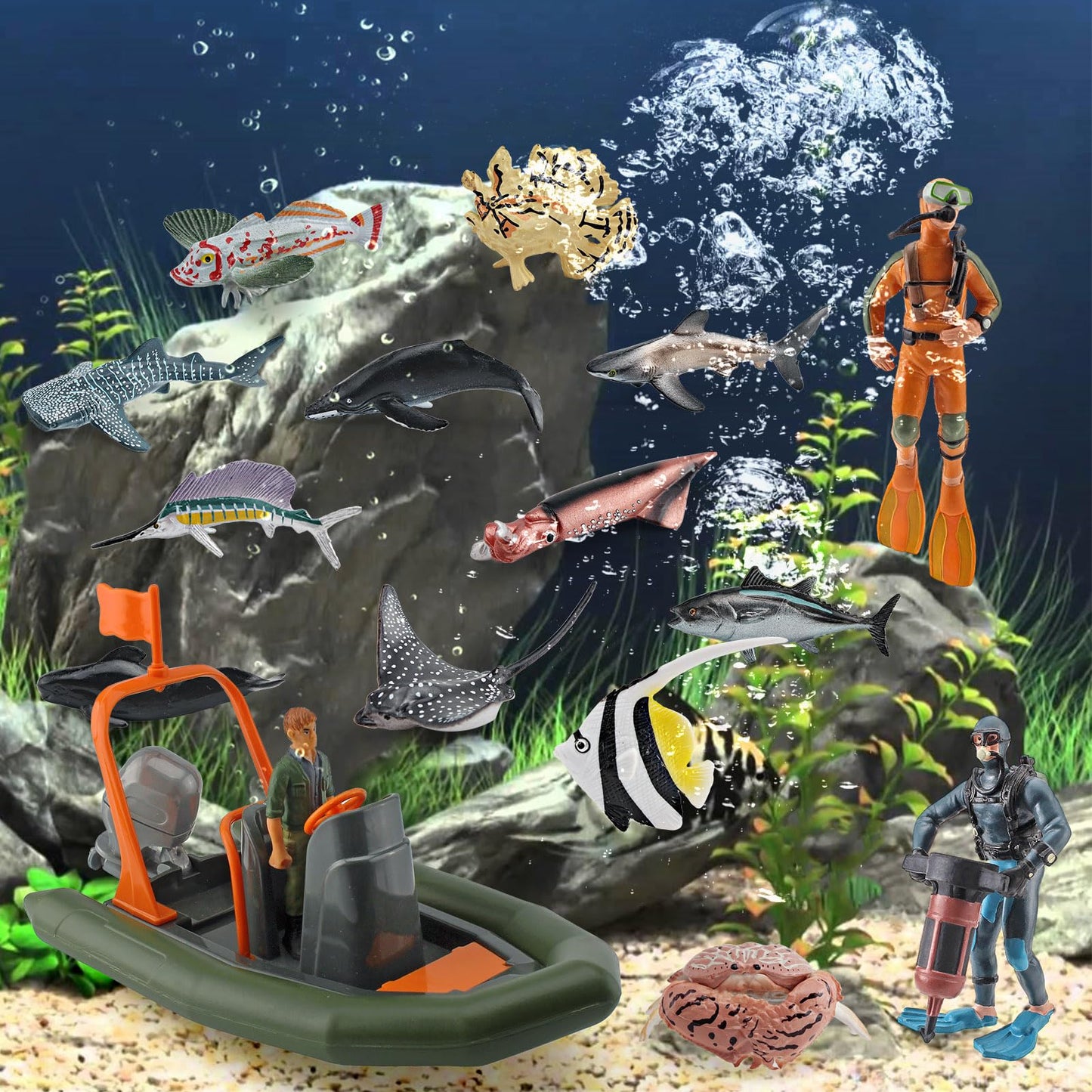 Scuba Diver Toy Set 15PCS Mini Sea Marine Animal Figure Shark Figurines Bath Toys Submarine Toys Underwater Swimmers Action Figures Realistic Divers