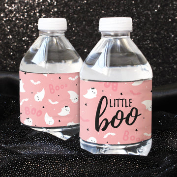 Pink Little Boo Ghost Girl Baby Shower Water Bottle Labels, 20 Count