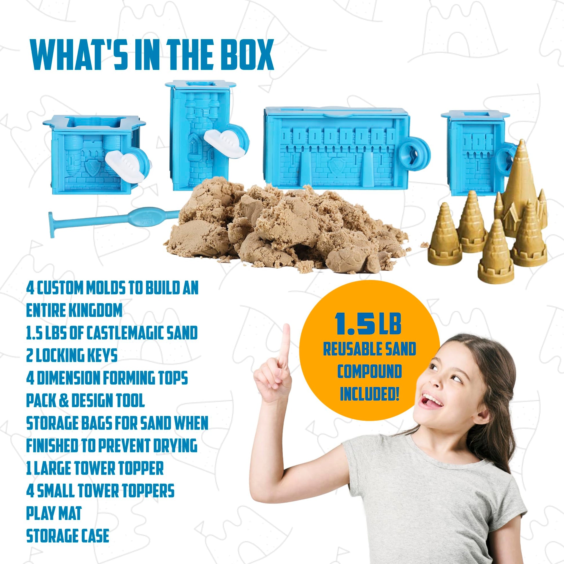 Mega Sand Castle Kit - Indoor Sand Kit for Kids with 20 Building Pieces, 1.5 lbs of Reusable, Moldable Magic Sand & No-Mess Play Mat - Art Sensory
