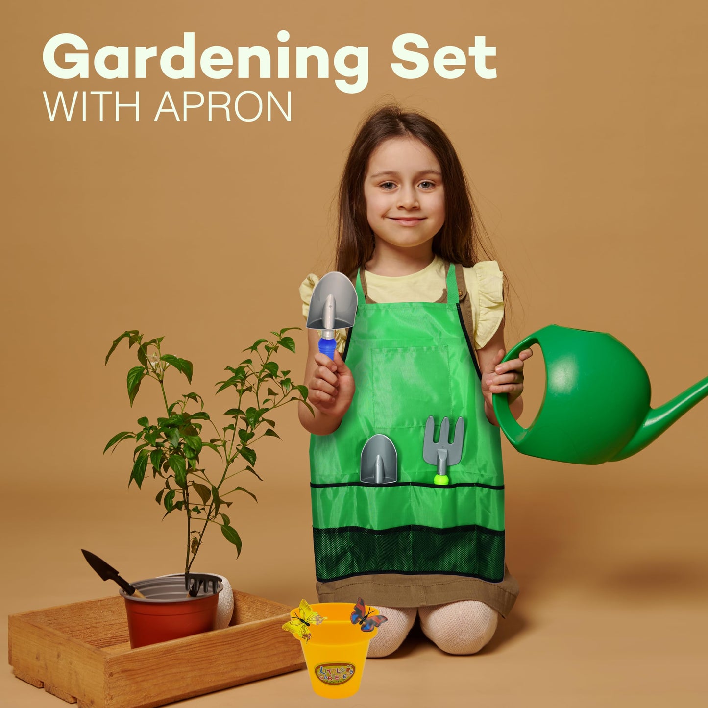 4E's Novelty 15 Piece Gardening Tools & Wagon Toy Set with Plastic Wheelbarrow, Apron, STEM Pretend Play Outdoor Toy for Toddlers Kids Boys Girls