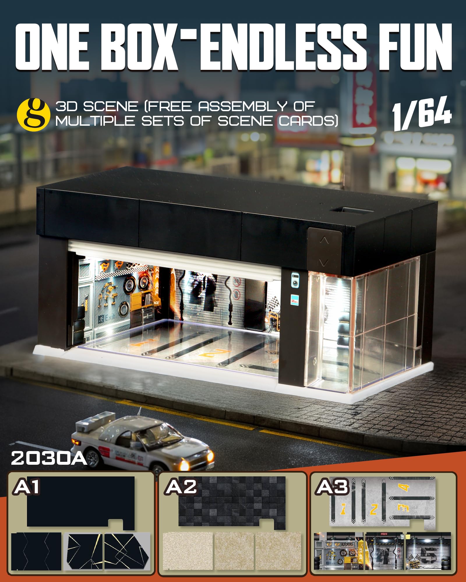 MOCBURIKU 1/64 Scale Diecast Display Case for Hot Wheel Storage with LED Lights, Stackable Electric Garage with Voice Control, 3 Replaceable 3D Scenes