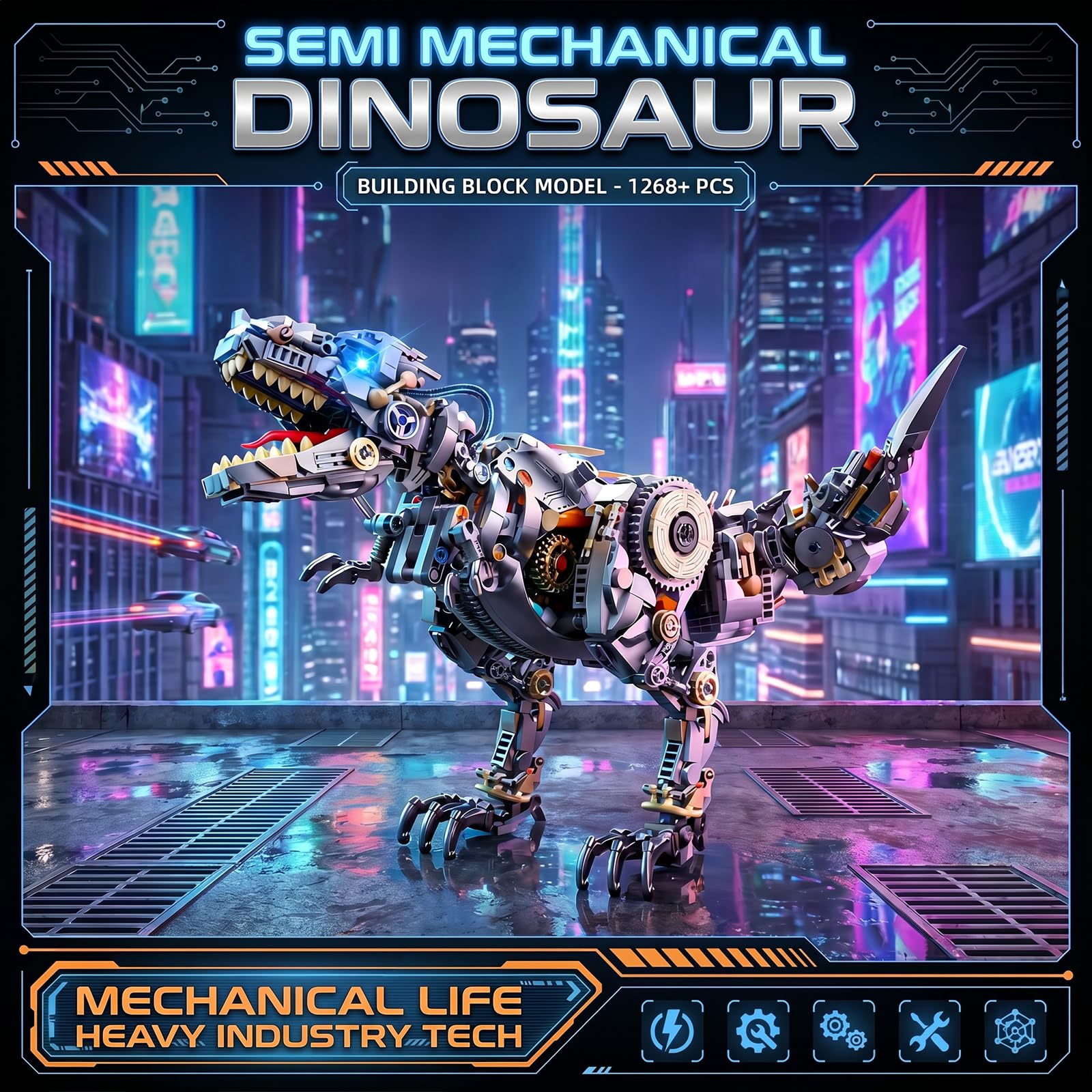 BOIQJSI Mechanical T-Rex Dinosaur Building Set with LED Light, 1268 Pieces, T-Rex Trex Dino Blocks, Compatible with Dinosaur Sets, Collectible Gift