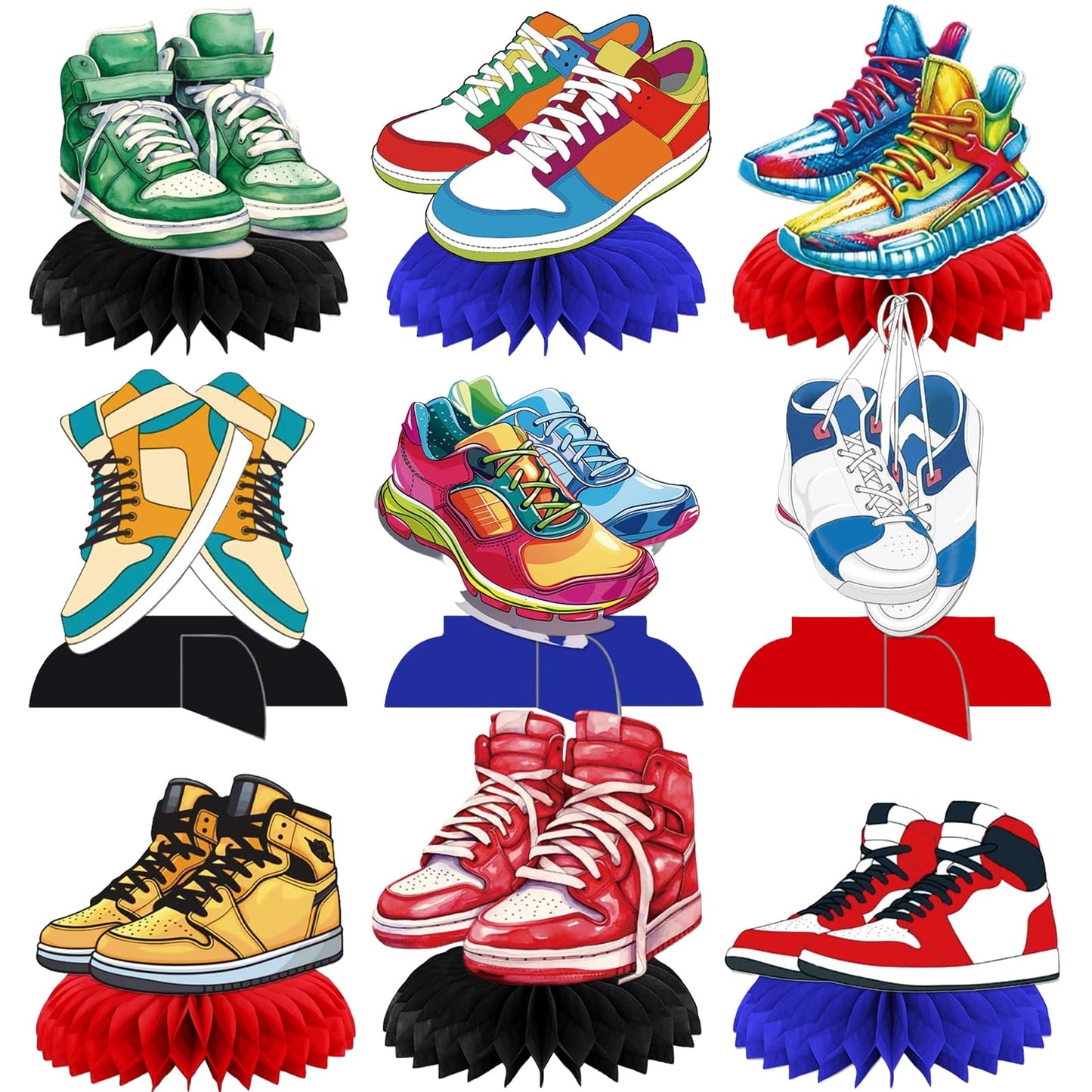 9-Piece Sneaker Honeycomb Decorations, 3D Sports Centerpieces for Table, Themed Party Supplies for Birthday Baby Shower Sport Shoes Graduation (9 Pcs)