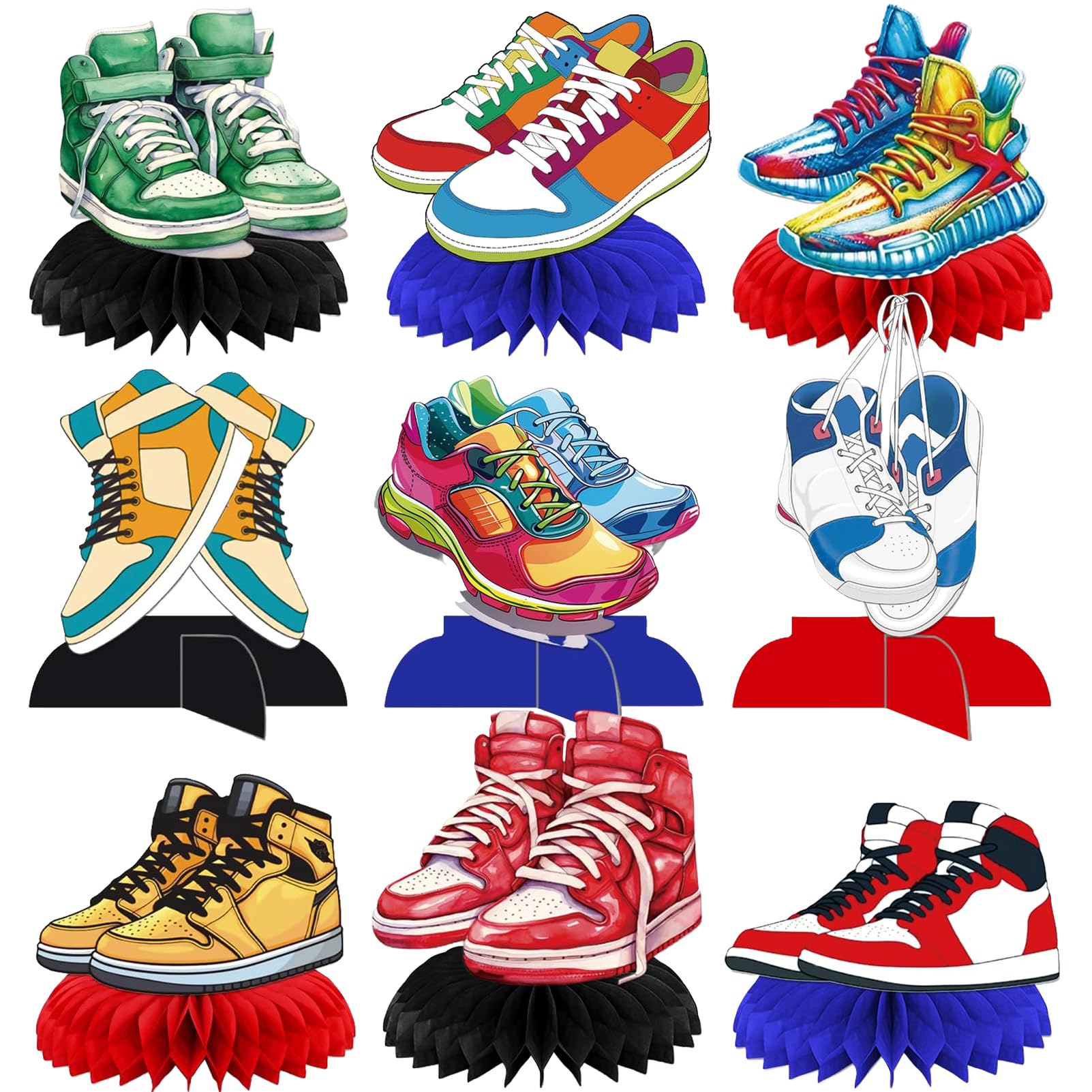 9-Piece Sneaker Honeycomb Decorations, 3D Sports Centerpieces for Table, Themed Party Supplies for Birthday Baby Shower Sport Shoes Graduation (9 Pcs)