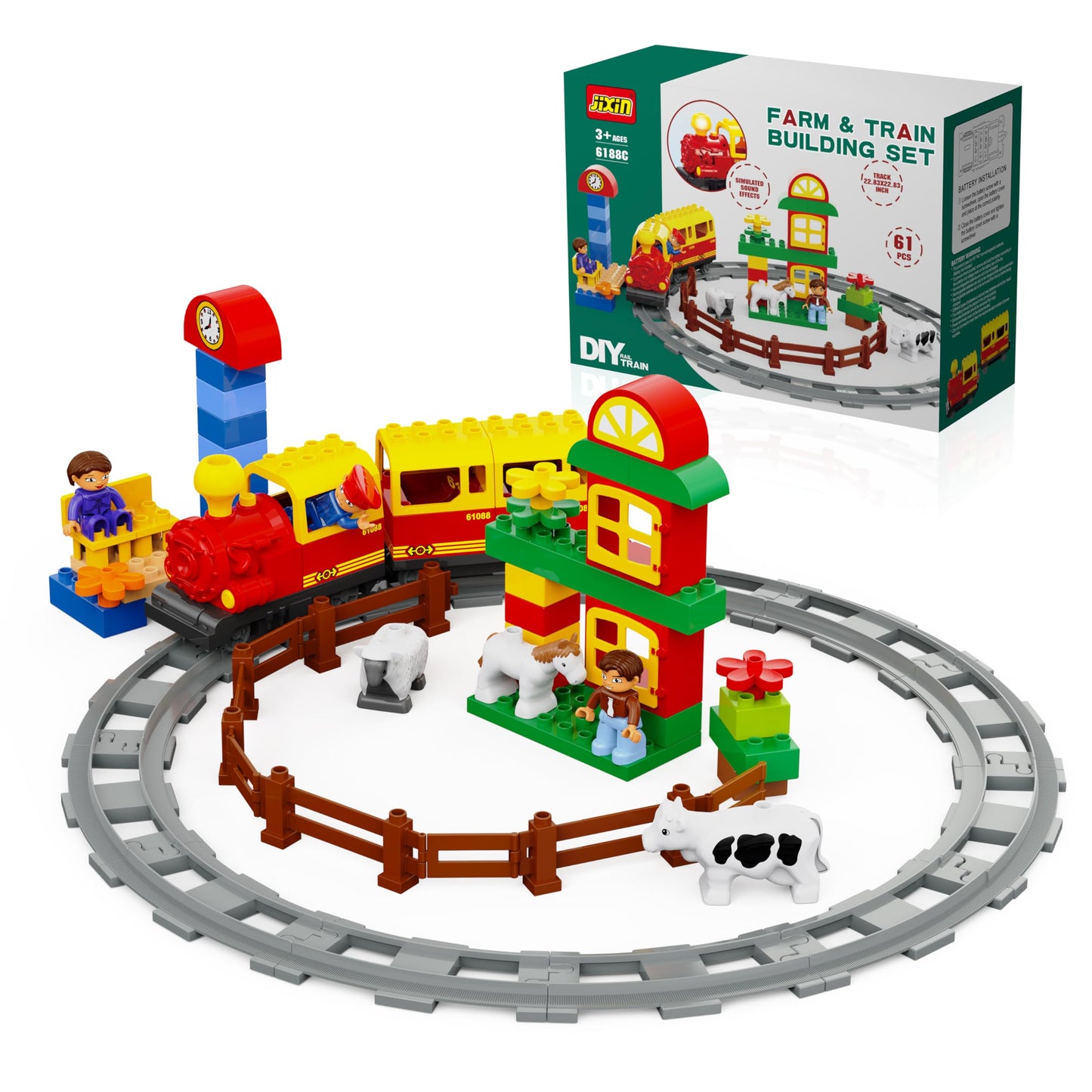 Electric Train Toys w/Farm Animals Set/Toy Trains Set for Toddlers & Kids w/Music, Lights & Tracks, DIY Classic Big Building Blocks Compatible