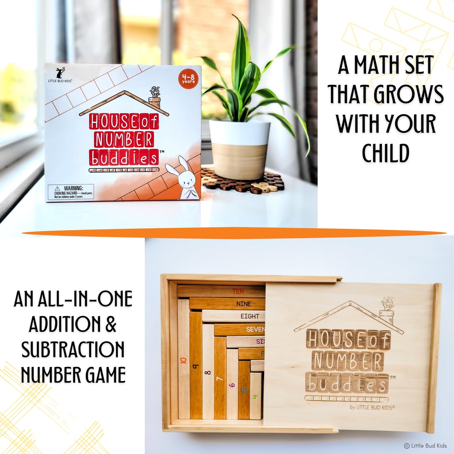 LITTLE BUD KIDS House of Number Buddies Math Game, a Number Bonds Math Toy with Counting Rods and Addition & Subtraction Flash Cards, a Montessori