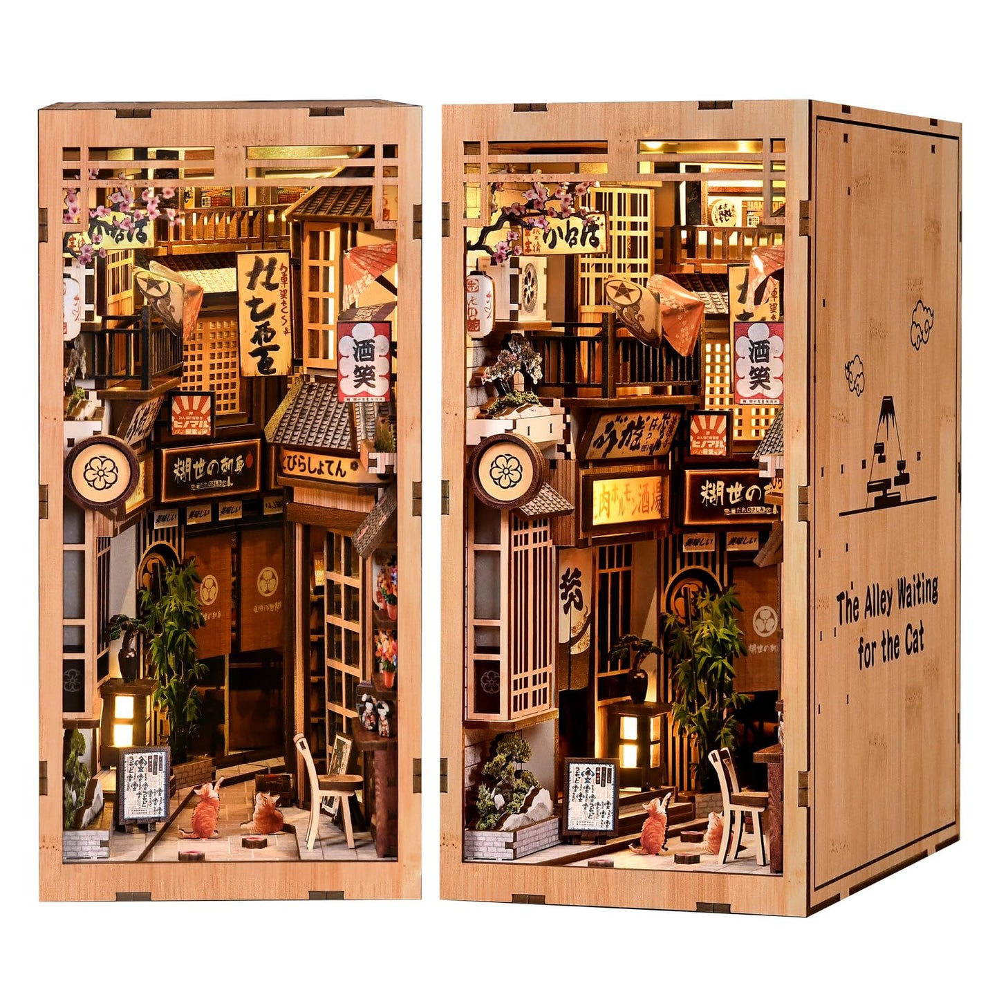 DIY Book Nook Kit, 3D Wooden Puzzle Bookend with LED Light, Japanese Street Alley Miniature House Model, Creative Shelf Insert Decor & Arts Crafts