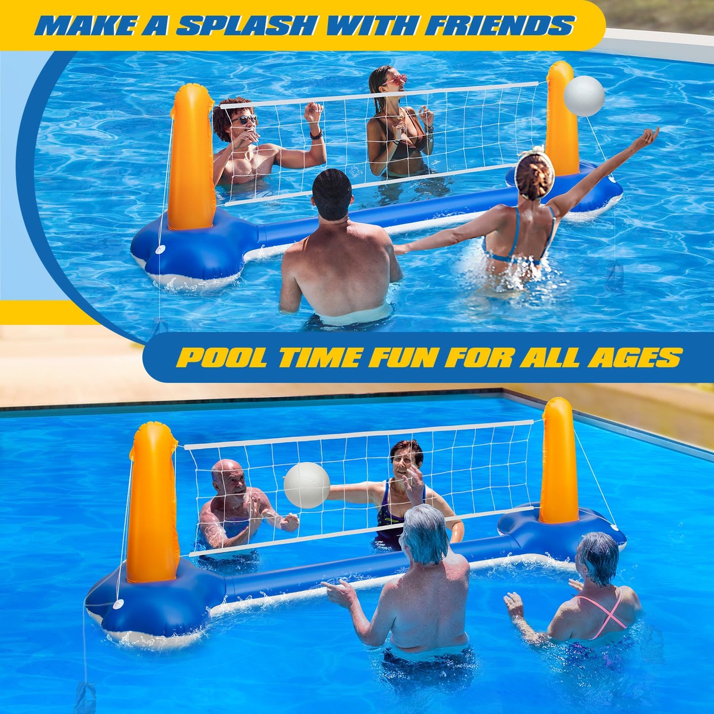 KIDDITOY ㅤ 118" Pool Volleyball Set - Inflatable Volleyball Court with 2 Weight Bags, Upgraded PVC Ball & Pump - Fun Pool Games for Adults & Family |