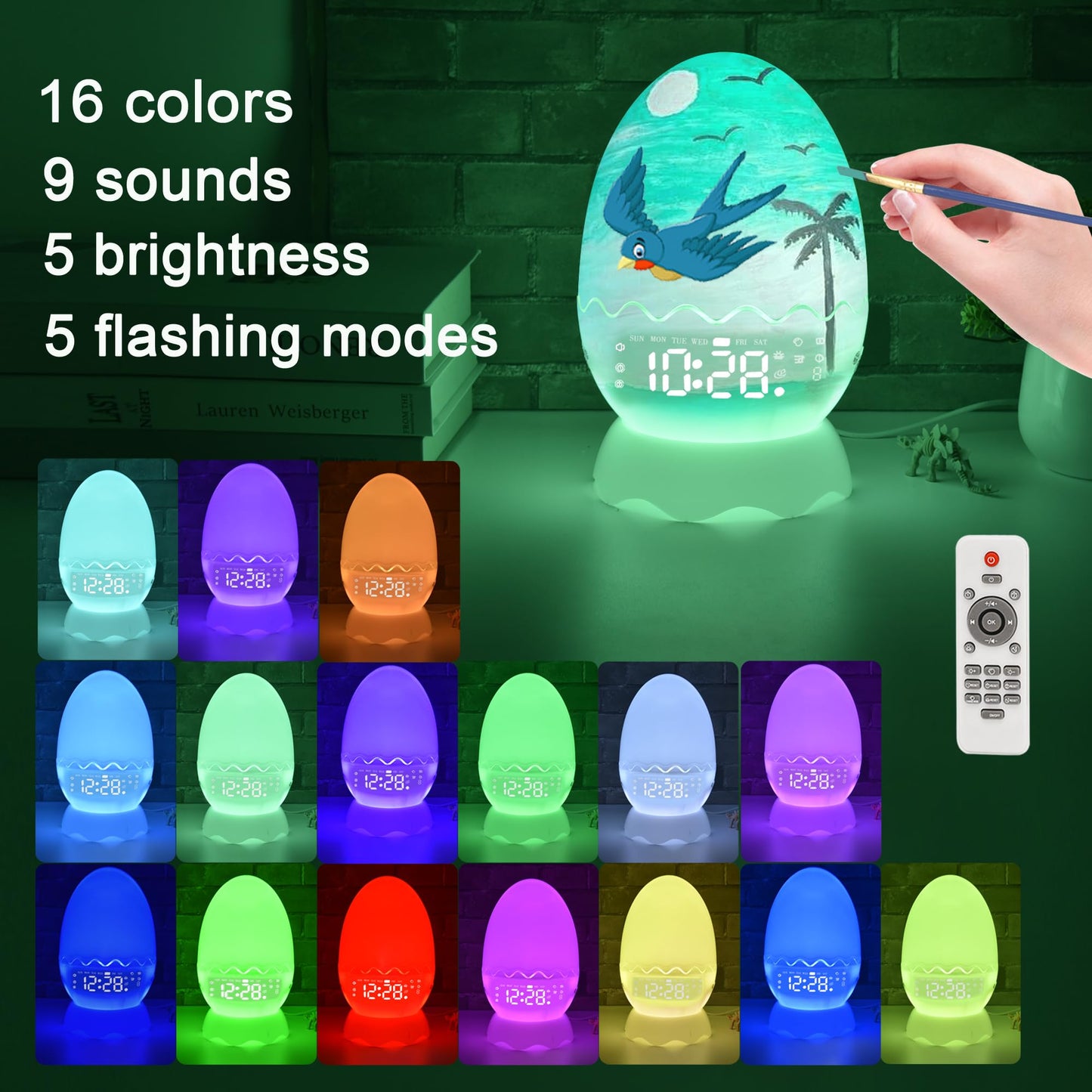 MTDYHY Paint Your Own Glowing Dragon Egg Night Light with Digital Clock Alarm Clock/Bluetooth Speaker, 12 Colors Painting Art & Crafts Kit Supplies