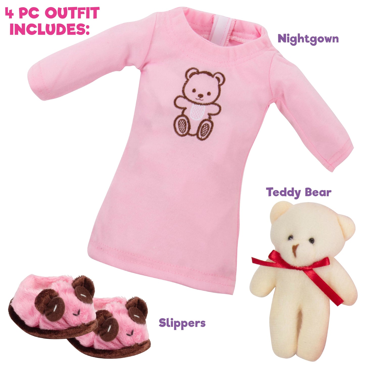 4pc Pink Nightgown Doll Outfit w Teddy Bear- 18" Doll Clothes & Accessories Compatible w American Girl Dolls- PJ Set Includes Nightgown, Slippers &