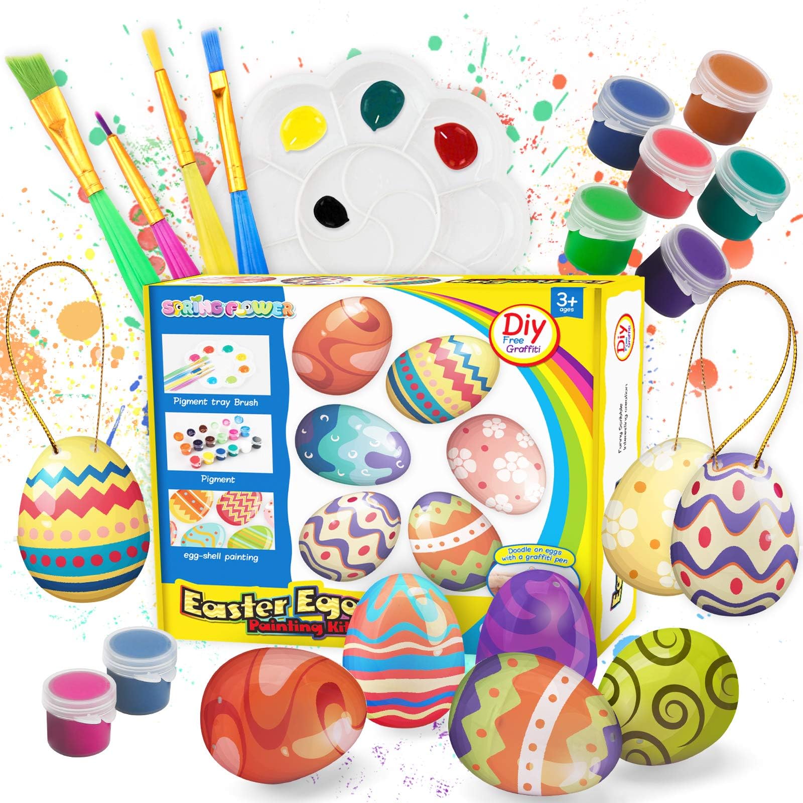 SpringFlower White Easter Eggs Painting Kit-24 Paintable Flocking Eggs with Doodle Kit for DIY Design-Hanging Flocking Eggs with Rope for Easter