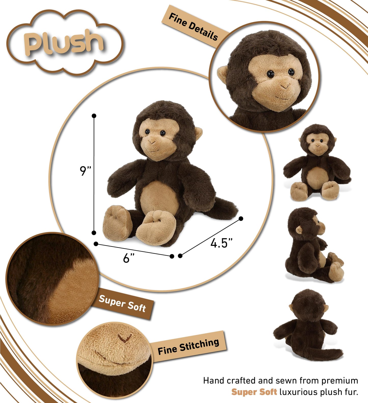 DolliBu Monkey Plush - Super Soft Stuffed Animal, Cute Brown Wildlife Plush, Adorable Fluffy Stuffed Toy for Boys and Girls, Stuffed Zoo Animal Gift