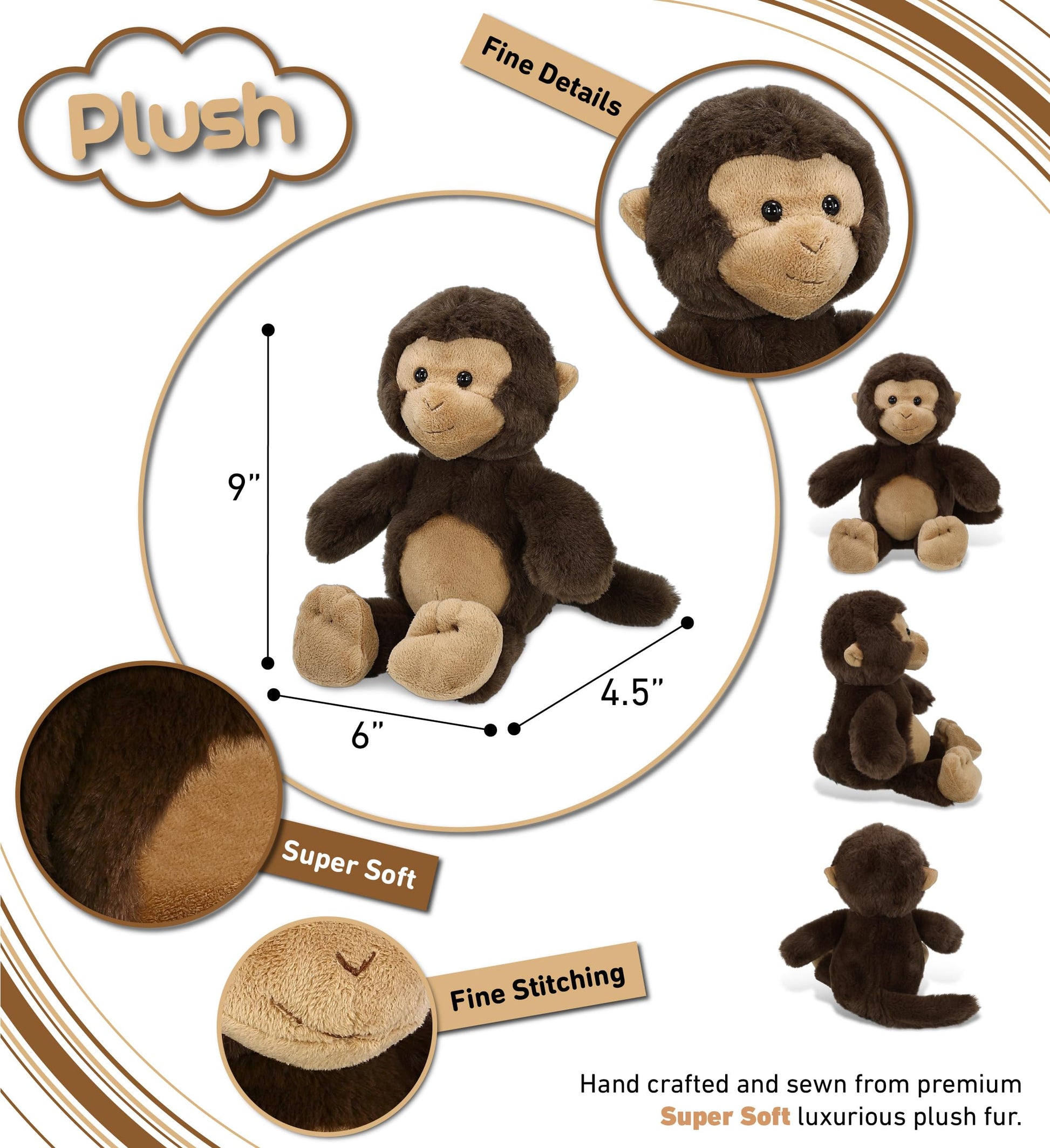 DolliBu Monkey Plush - Super Soft Stuffed Animal, Cute Brown Wildlife Plush, Adorable Fluffy Stuffed Toy for Boys and Girls, Stuffed Zoo Animal Gift