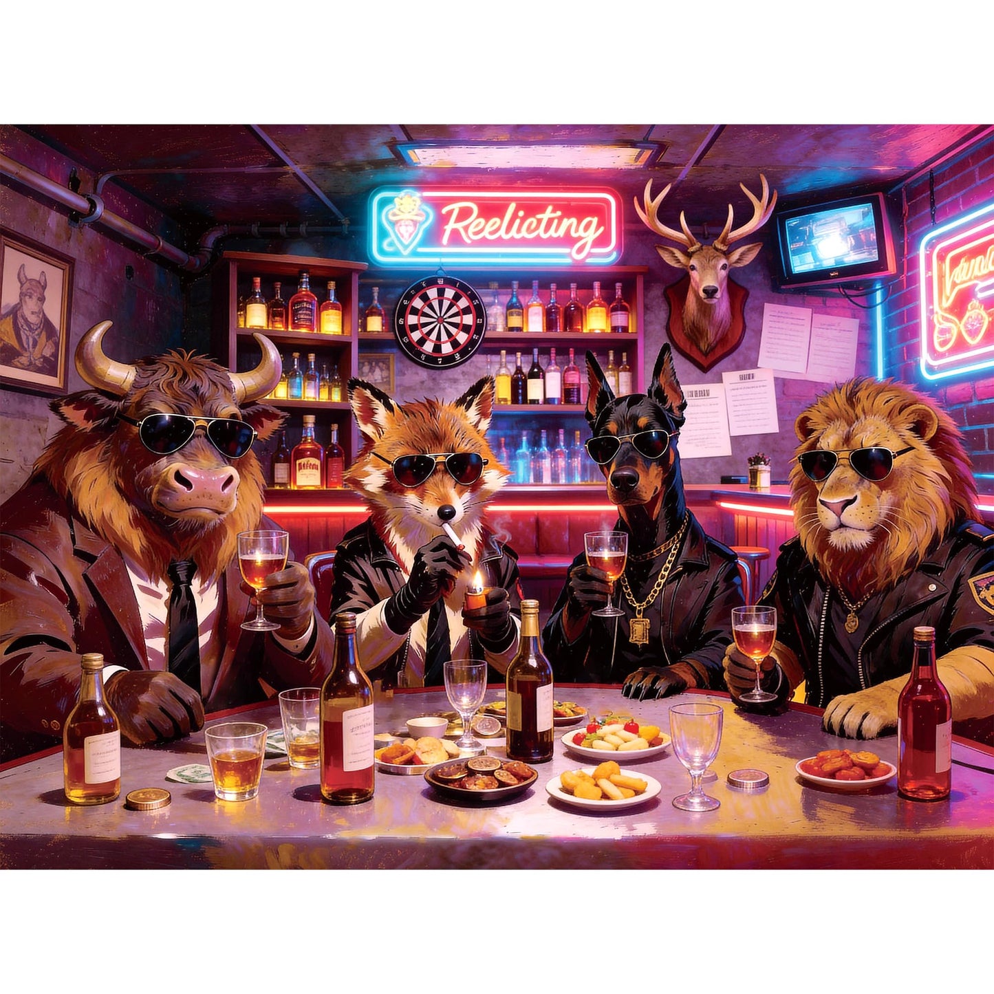 Dryrobatty Jigsaw Puzzles for Adults 1000 Pieces, Neon Bar Animals in Suits Vintage Pop Art Jigsaw with Fox, Lion, Bull & Dog in Shades, 28x20 Inch