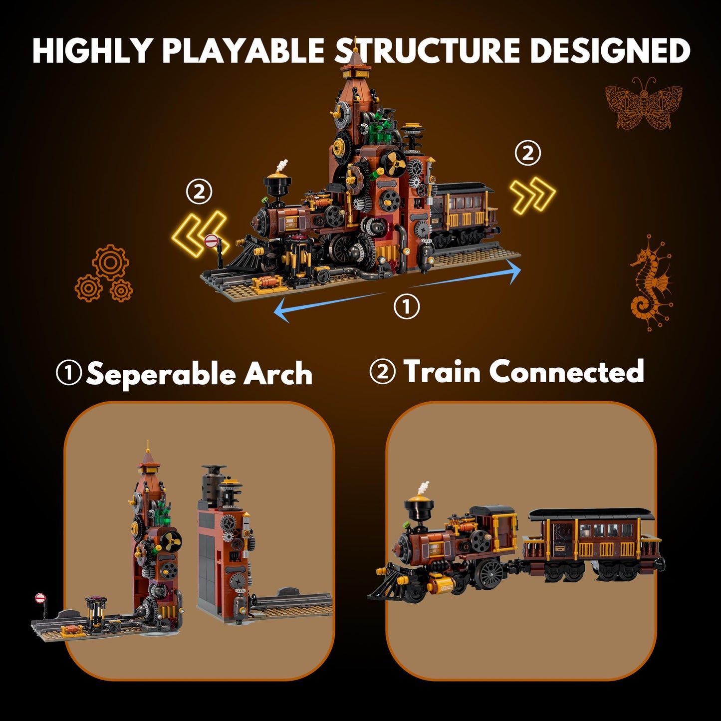 TAIKONLAB Steampunk Train Bookend Building Block Set, Creative Bookend and Bricks Building Set, Light Module Included, Rich Details with Mechanic