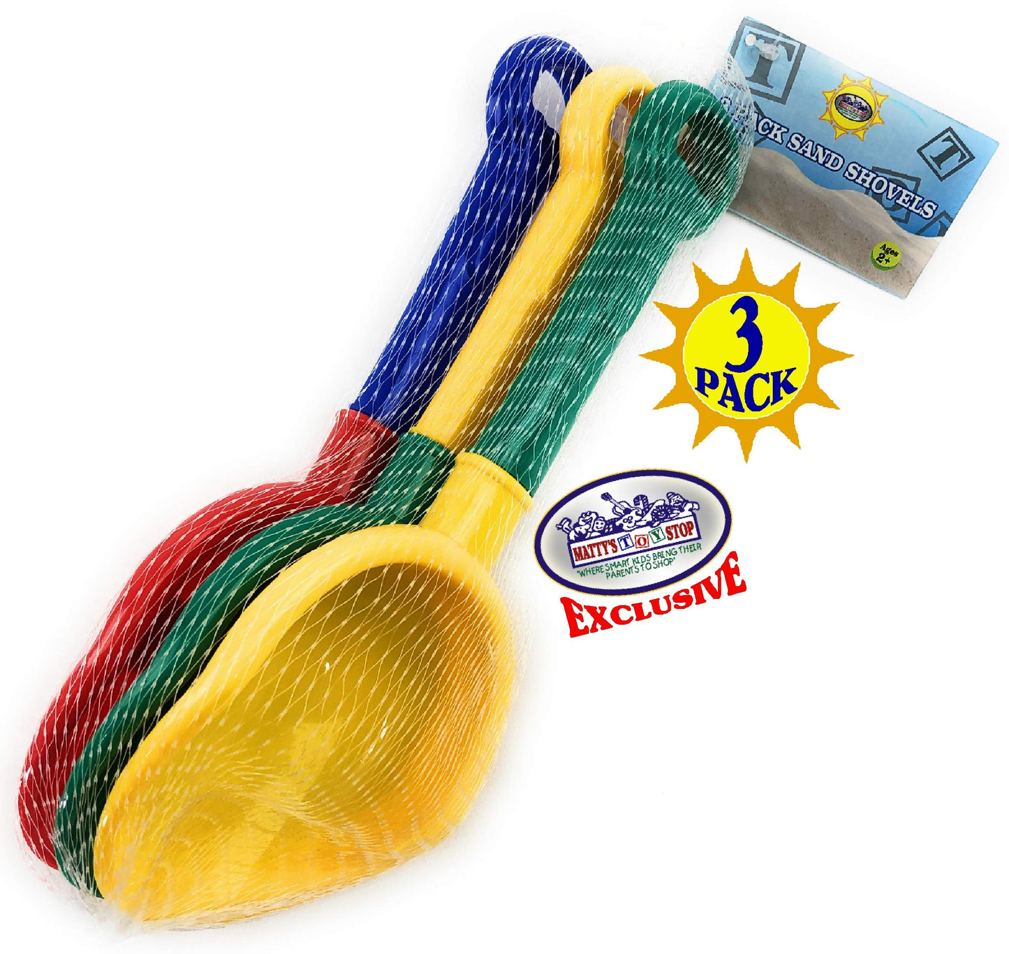 Matty's Toy Stop 10.5" Kids Multi-Color Sand Scoop Plastic Shovels for Sand & Beach (Red/Blue, Yellow/Green & Green/Yellow) Complete Gift Set Bundle