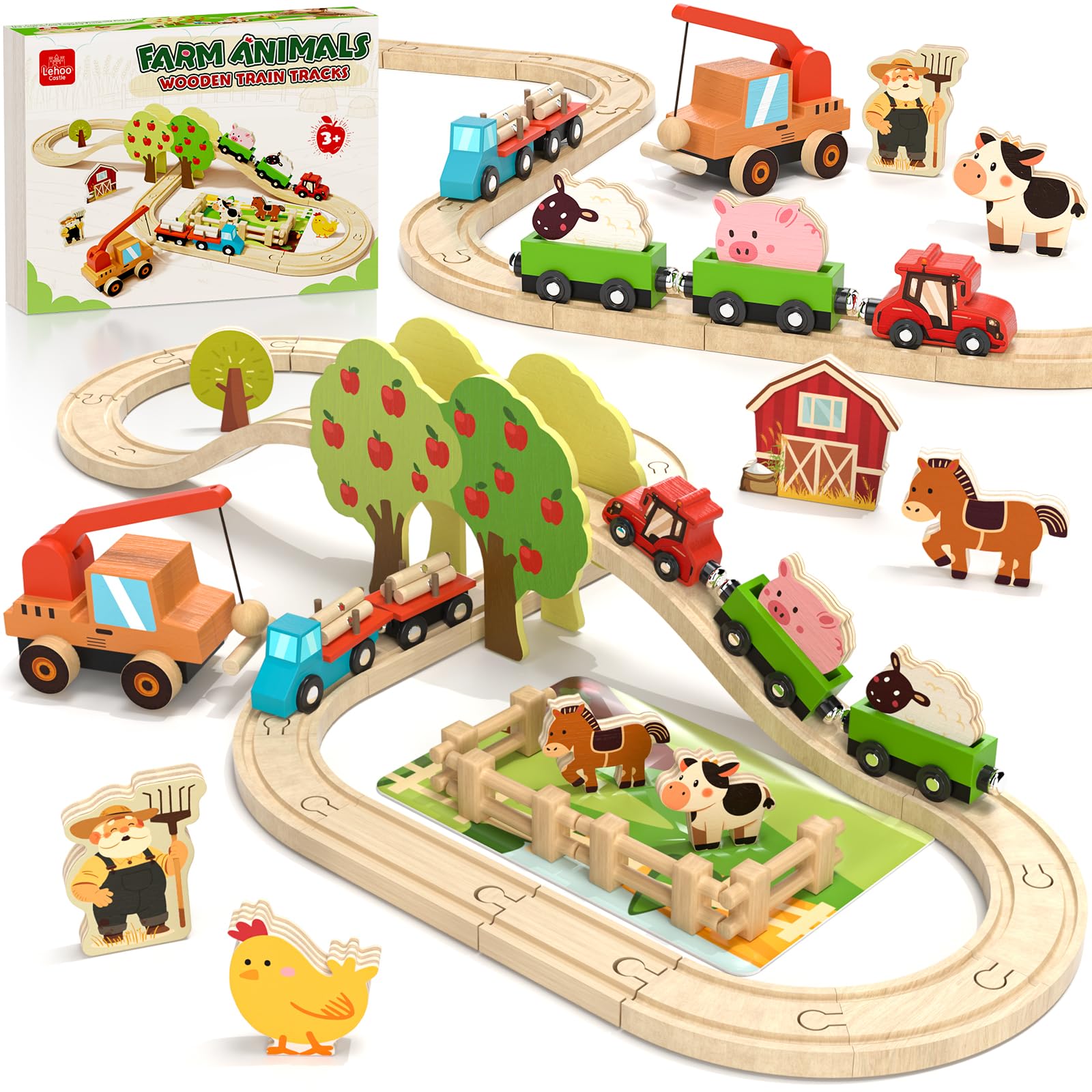 Lehoo Castle Wooden Train Set for Toddlers 2-4 - Wooden Train Track Set for Kids, Farm Animal Train Toys for 3 4 5 6 Year Old Boy Girl Birthday Gifts