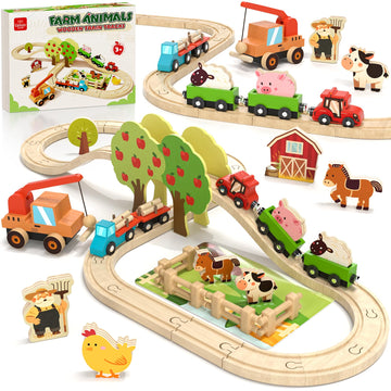 Lehoo Castle Wooden Train Set for Toddlers 2-4 - Wooden Train Track Set for Kids, Farm Animal Train Toys for 3 4 5 6 Year Old Boy Girl Birthday Gifts