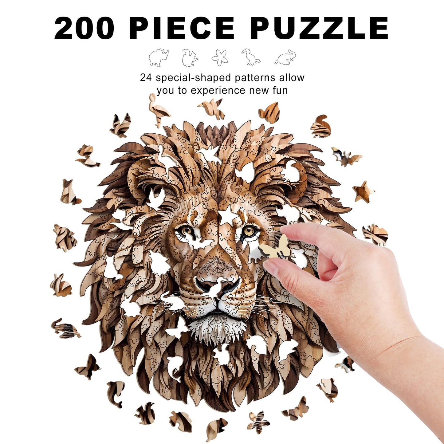 Wooden Puzzles for Adults - 200 Pieces Lion Unique Shaped Wooden Jigsaw Puzzles for Adults, Medium Size 10'' x 10.5'' Adult Wood Puzzles for Family