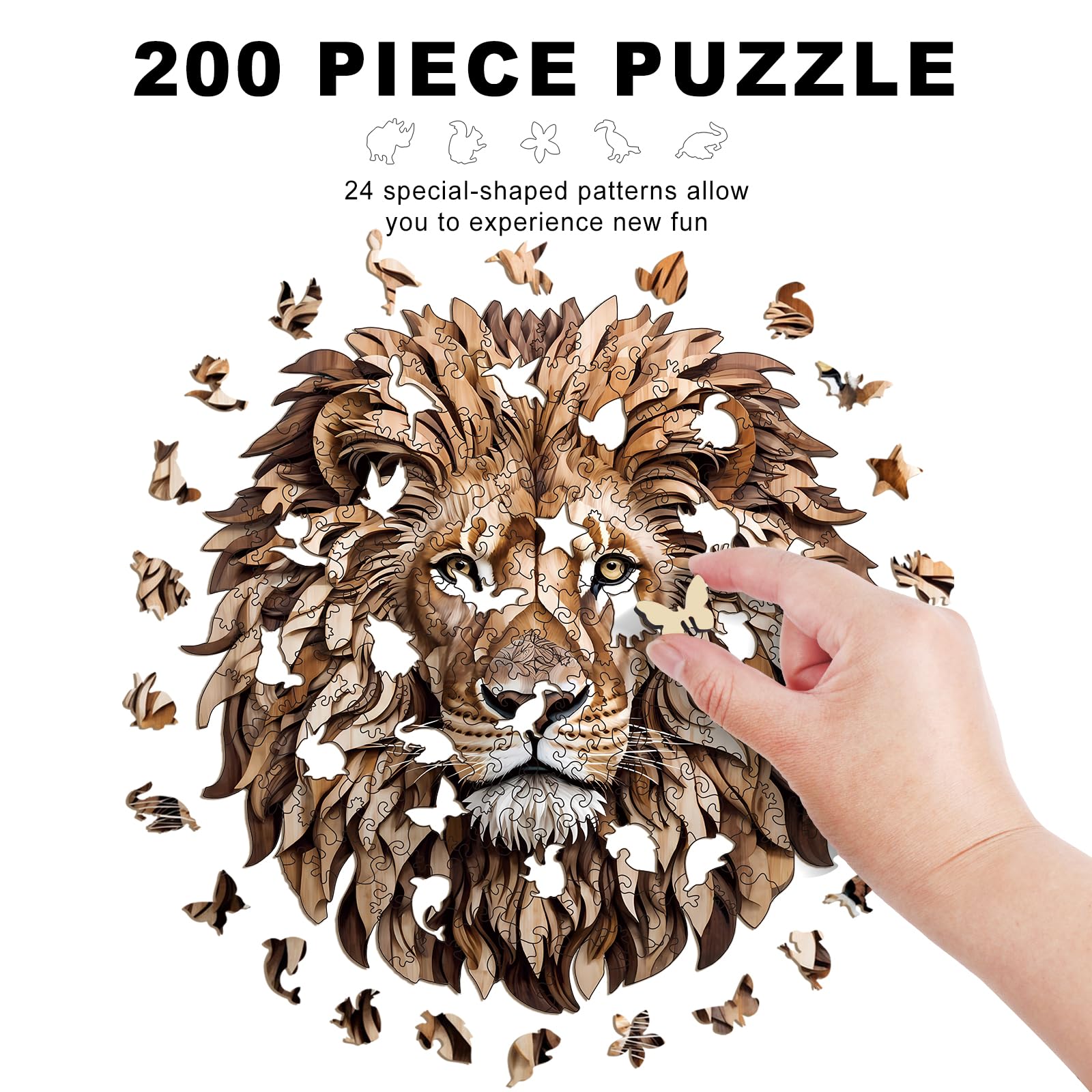 Wooden Puzzles for Adults - 200 Pieces Lion Unique Shaped Wooden Jigsaw Puzzles for Adults, Medium Size 10'' x 10.5'' Adult Wood Puzzles for Family