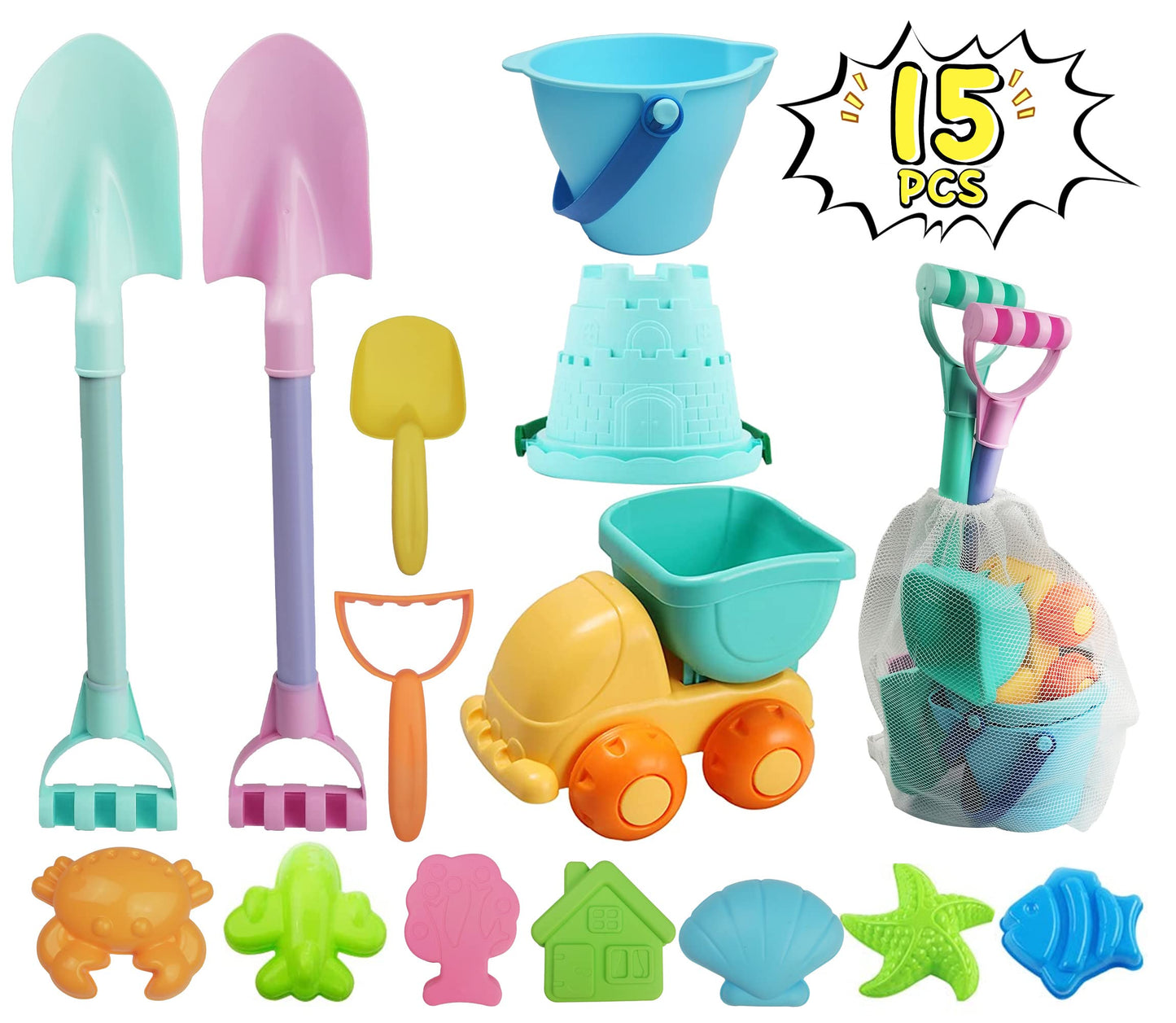 IOKUKI Long Shovels Sand Toys Set with Mesh Bag Including Dump Truck, Beach Buckets, Shovels, Rakes, Molds, Outdoor Beach Toy Tool Kit for Kids
