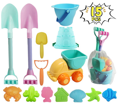 IOKUKI Long Shovels Sand Toys Set with Mesh Bag Including Dump Truck, Beach Buckets, Shovels, Rakes, Molds, Outdoor Beach Toy Tool Kit for Kids
