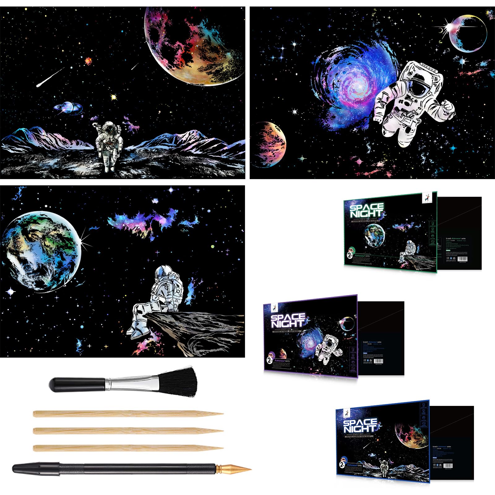 Space Series Scratch & Engraving Art Paper Kit (16"x11.2") for Teens & Adults - Rainbow Sketch Cosmos Astronaut Starry Sky Painting Painting
